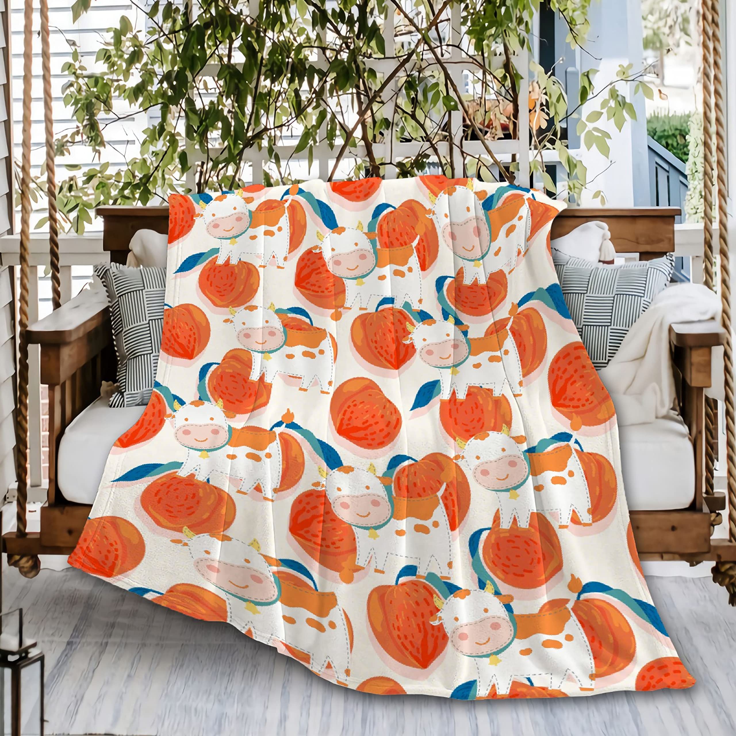 Ultra Soft Peach Milk Cow Orange Flannel Fleece Throw Blanket - Microfiber Lightweight Blanket for Couch, Bed, Outdoor & Travel - Extra Large 120x90 Inches - Perfect for Beach Picnics, Camping, Movie Nights & Family Gatherings