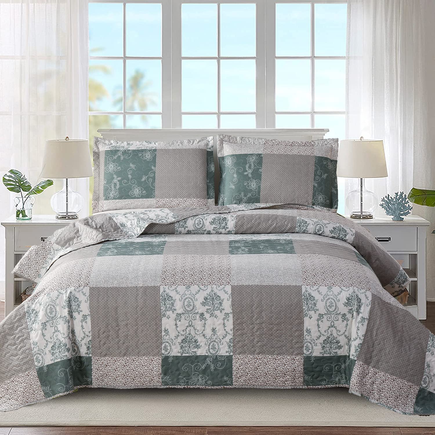 Twin Size Quilt Bedspread Set - Lightweight Patchwork Floral Reversible Quilt with Brown Plaid Design | All-Season Bedding for Guest Rooms, Dorms & Cozy Home Decor | Leaves Pattern Coverlet