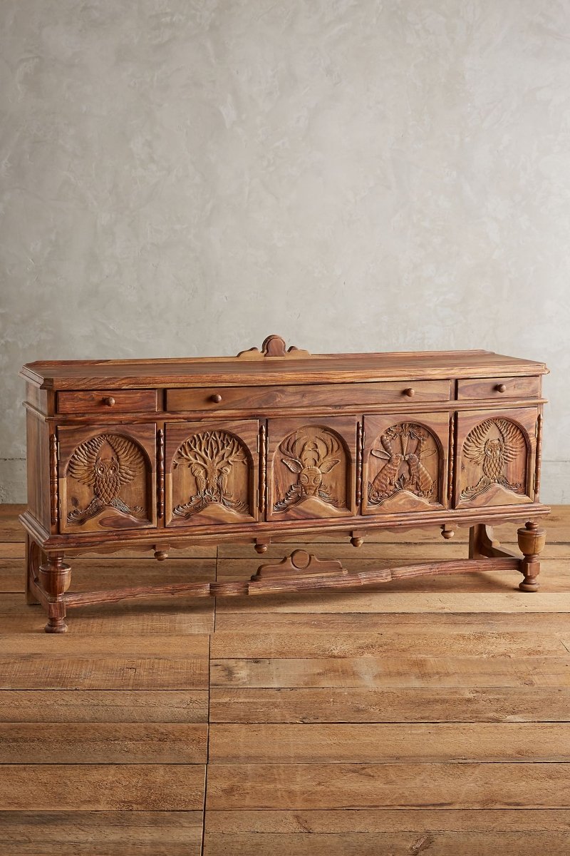 Hand Carved Wooden Sideboard with Wildlife Design | Natural Finish Buffet Table for Dining Room & Living Room Decor | Perfect for Rustic & Farmhouse Style Homes