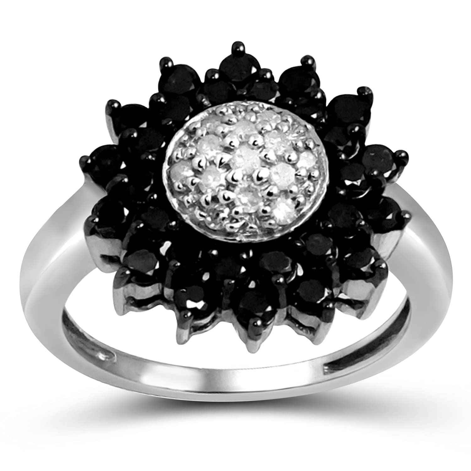 1.00 Carat T.W. Round Cut Black & White Diamond Sunflower Sterling Silver Ring for Women | Elegant Floral Jewelry Gift for Anniversary, Valentine's Day & Special Occasions