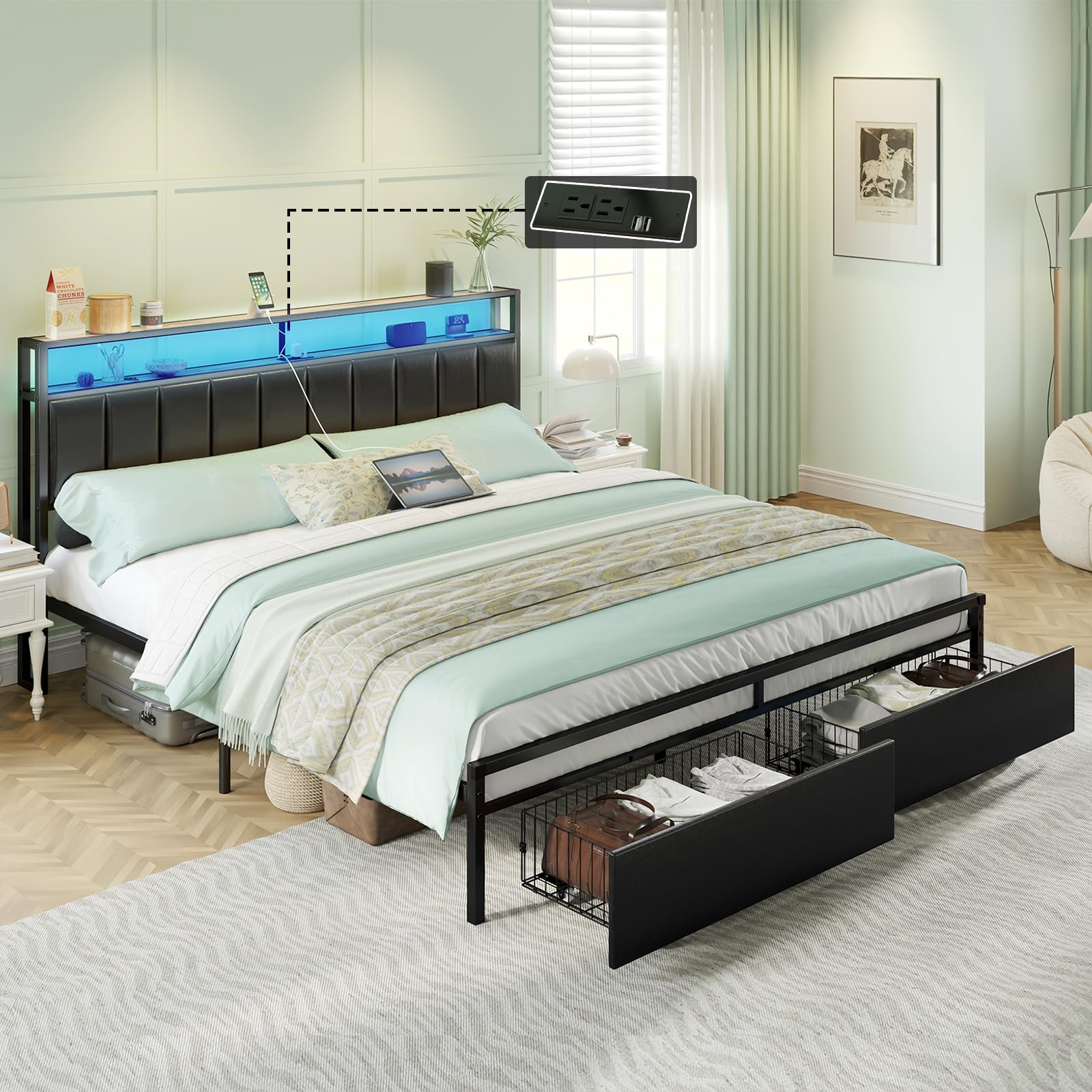 AMERLIFE LED King Size Bed Frame with Storage Drawers - 2-Tier Platform Bed with Leather Upholstered Headboard & USB Charging Station | No Box Spring Required | Quiet & Easy Assembly | Black | Perfect for Modern Bedrooms & Small Space Storage Solutions