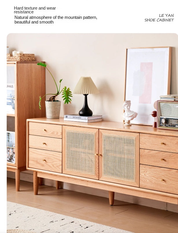 Modern Oak Solid Wood Rattan TV Stand with Storage - Entertainment Center for Living Room, Bedroom & Home Theater Setup