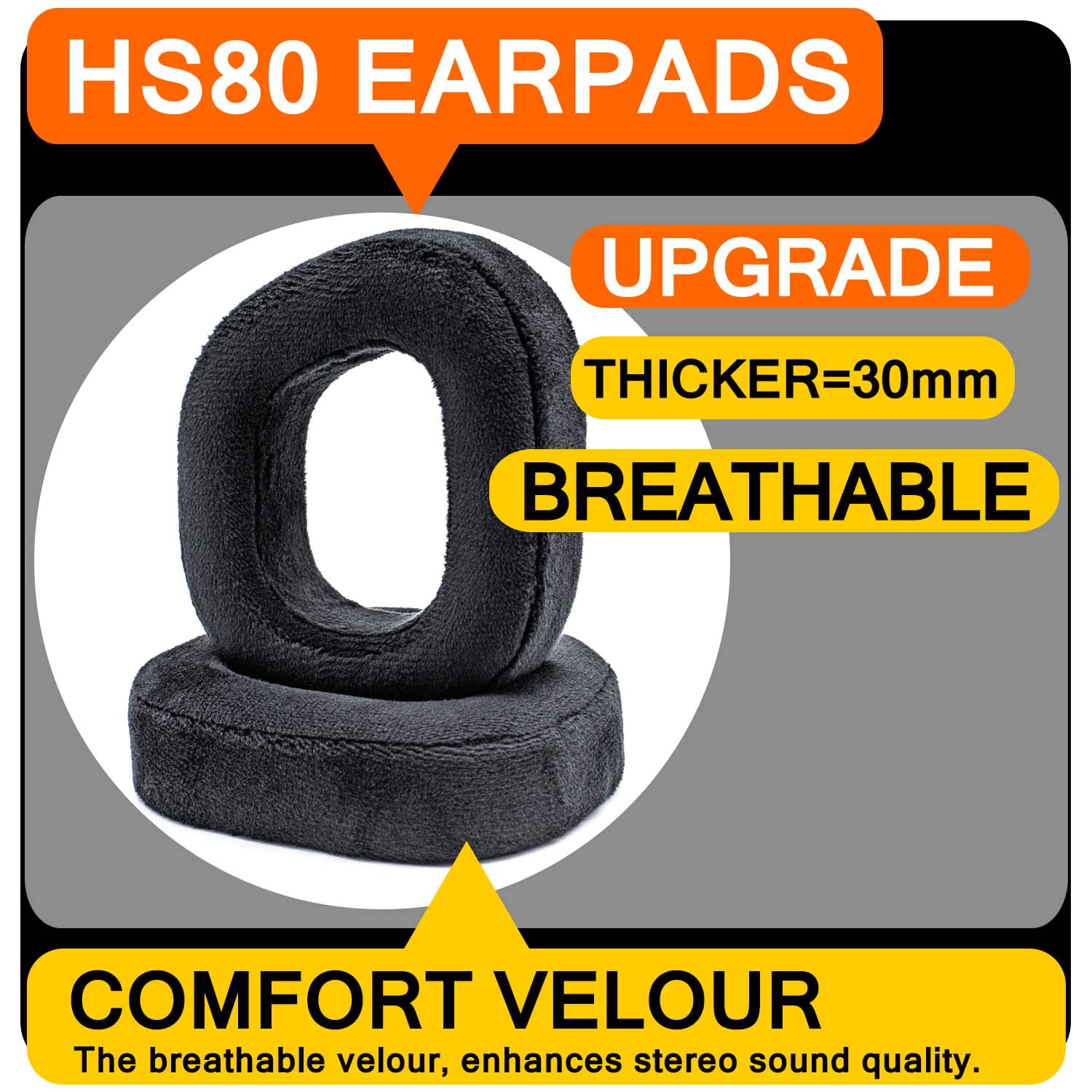 HS80 RGB Wireless Headset Replacement Ear Pads - Black Velour Memory Foam Ear Cushions for Comfort & Noise Isolation - Perfect for Gaming, Music & Long Wear Sessions