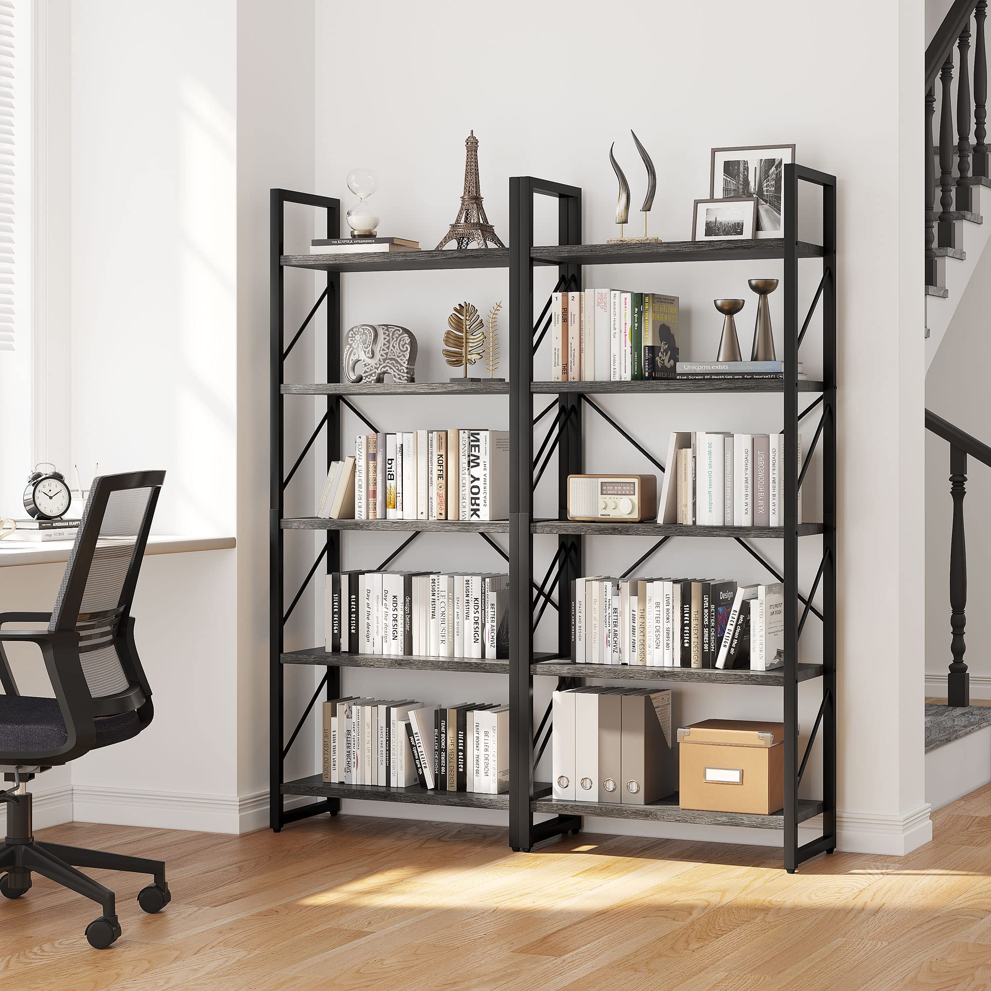 YITAHOME 5-Tier Industrial Bookshelf - Modern Grey Bookcase with Storage Shelves for Living Room, Home Office, Bedroom - Sturdy Book Rack & Organizer for Books, Movies, Decor - Charcoal Gray & Black Finish - Perfect for Small Spaces & Home Organization