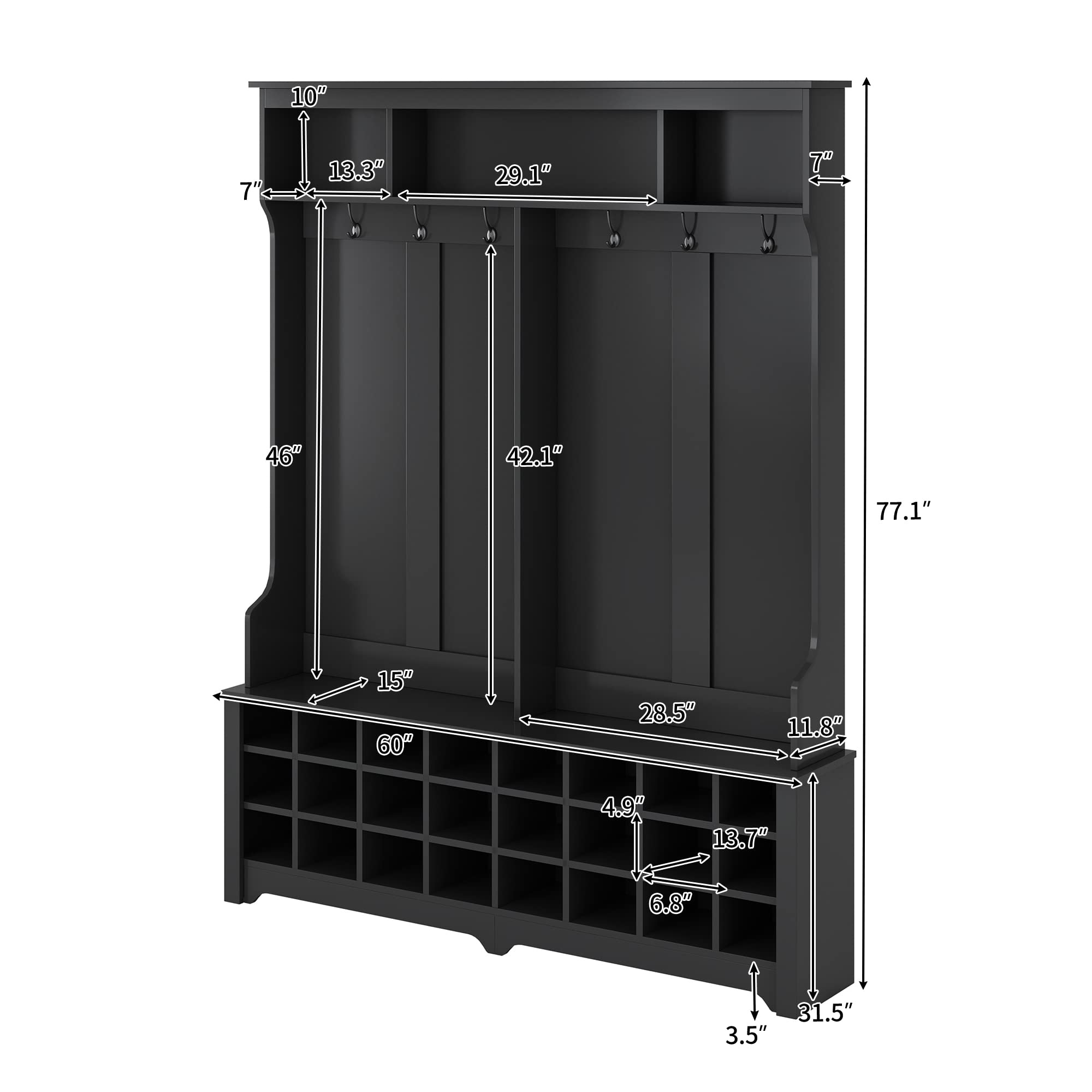 Large Entryway Coat Rack with Shoe Storage - 24-Cube Organizer, 6 Hooks & 3 Shelves - Hall Tree Bench for Shoes, Jackets & Bags - Perfect for Foyers, Mudrooms & Apartments (Black)