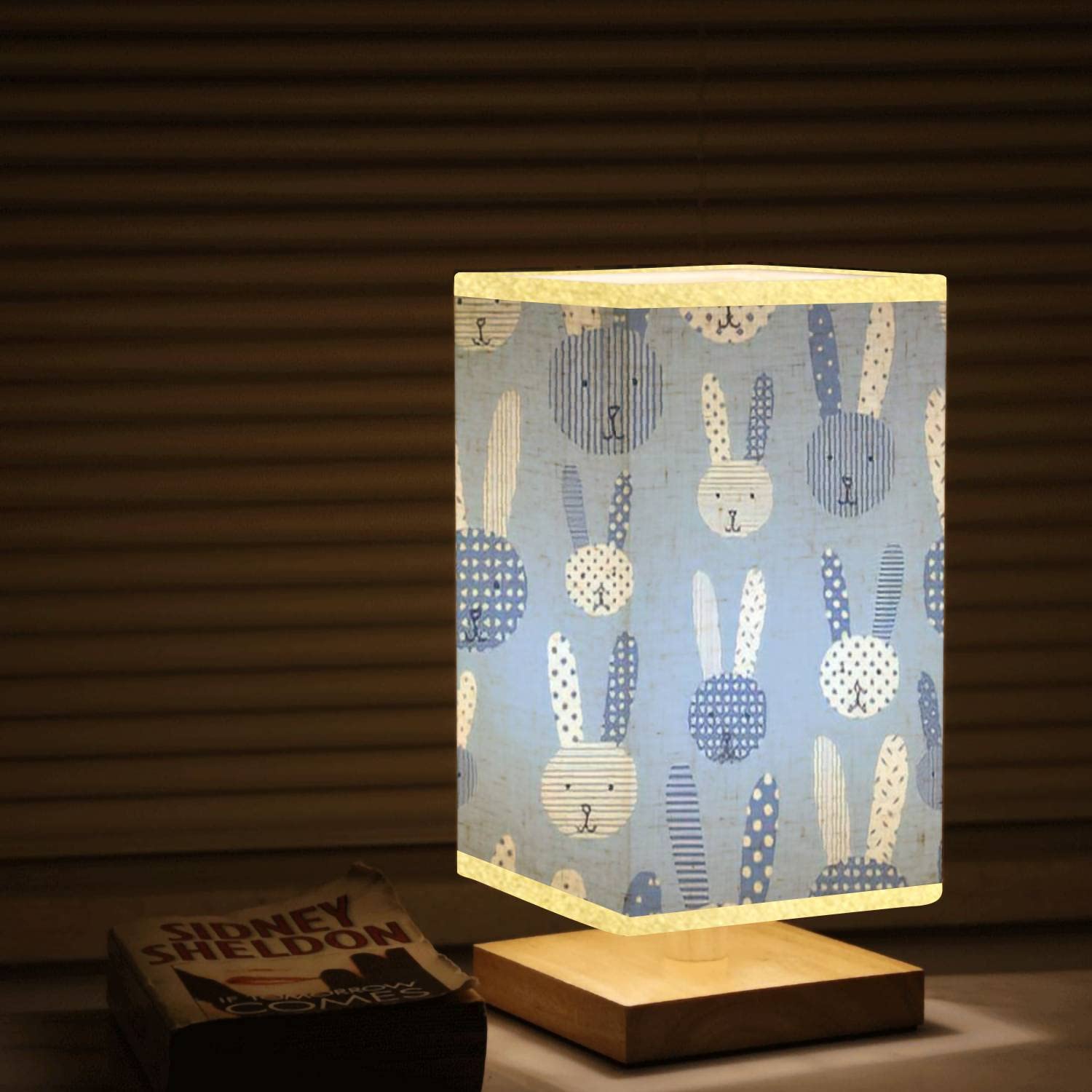Cute Bunnies Nightstand Lamp - Wooden Base with Flaxen Fabric Shade, Dimmable Bedside Table Lamp for Kids Room, Nursery, Bedroom & Living Room - Blue & White Seamless Design for Cozy Nighttime Reading & Relaxation