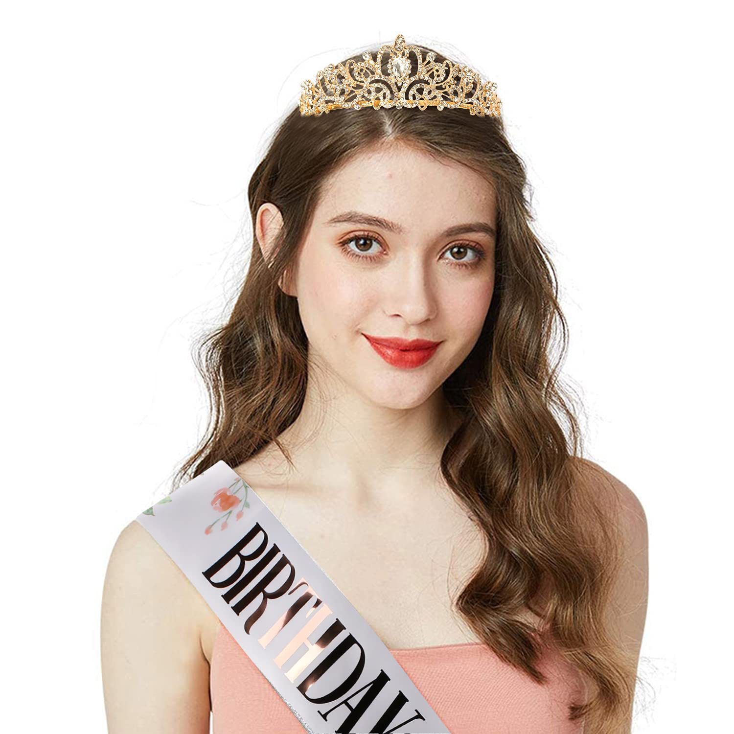 Birthday Queen Sash & Crystal Tiara Set - Gold Crown & Pink Rhinestone Headband for Women & Girls | Sparkling Party Hair Accessories & Birthday Decorations (Perfect for Bachelorette Parties, Birthday Celebrations & Special Occasions)