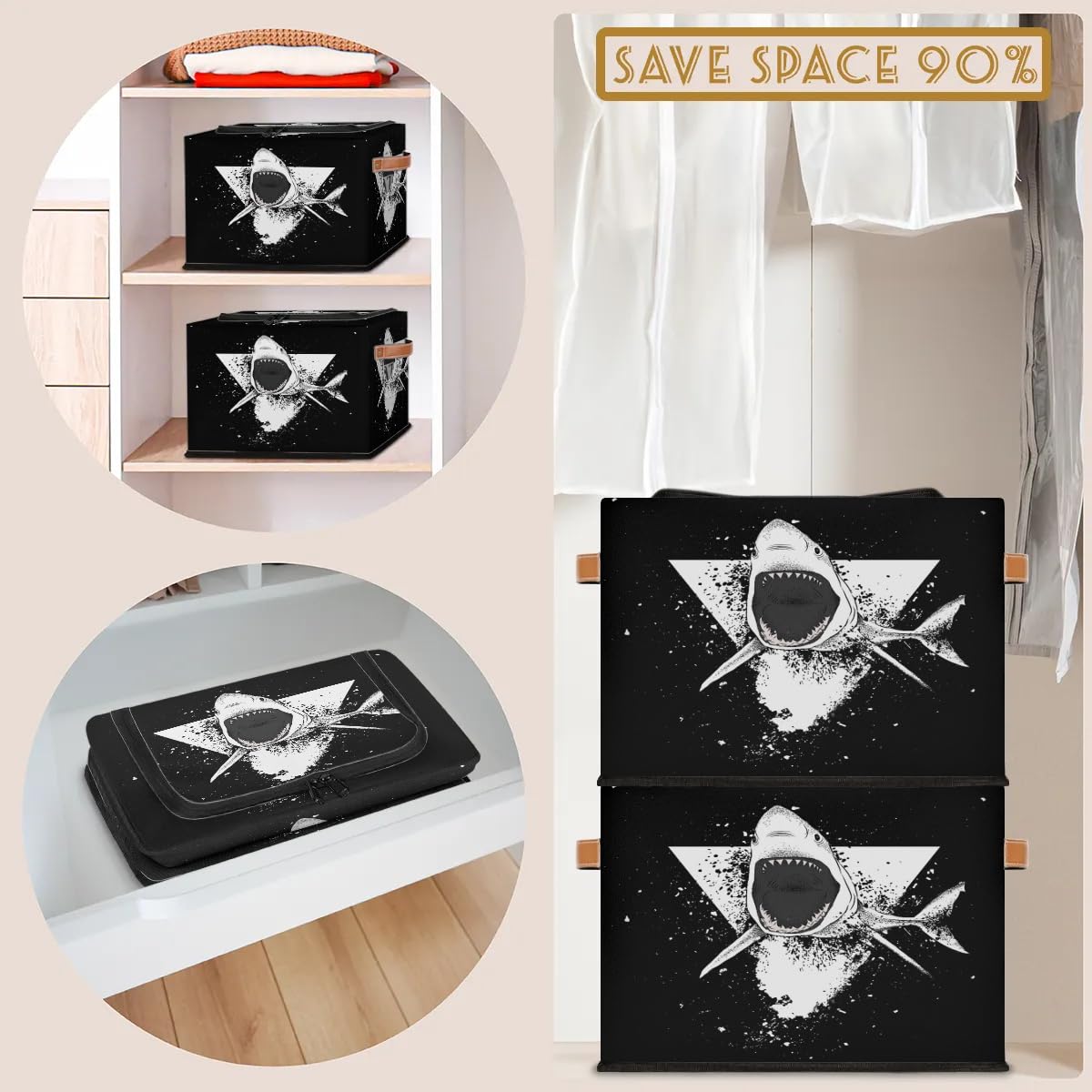 Shark Triangle Storage Bins with Zipper Lid - Foldable Fabric Storage Baskets for Clothes, Blankets, Toys - Collapsible Closet Organizer with Handles (2 Pack) - Perfect for Kids Room, Nursery, and Home Organization