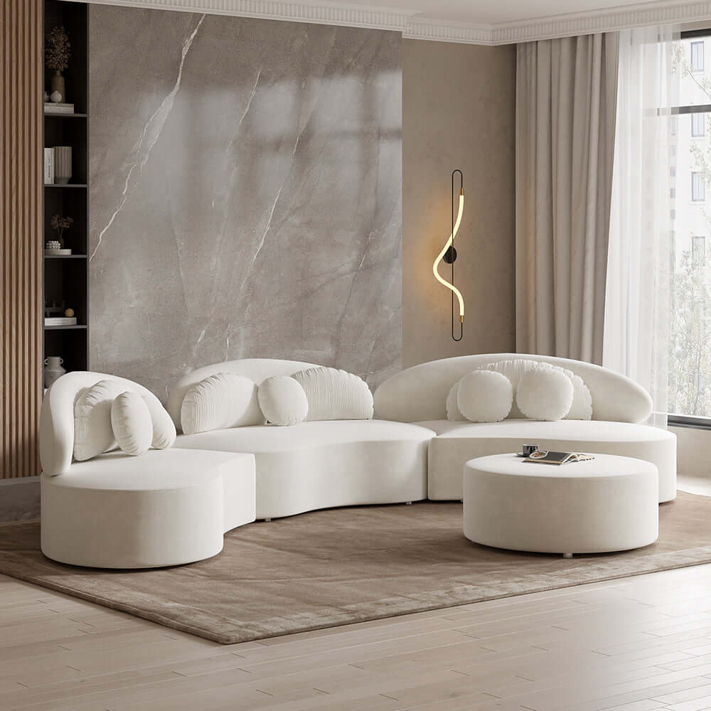 Modern 7-Seat Round Sectional Sofa with Ottoman & Pillows - Beige Velvet Upholstered Living Room Furniture for Family Gatherings and Home Entertainment