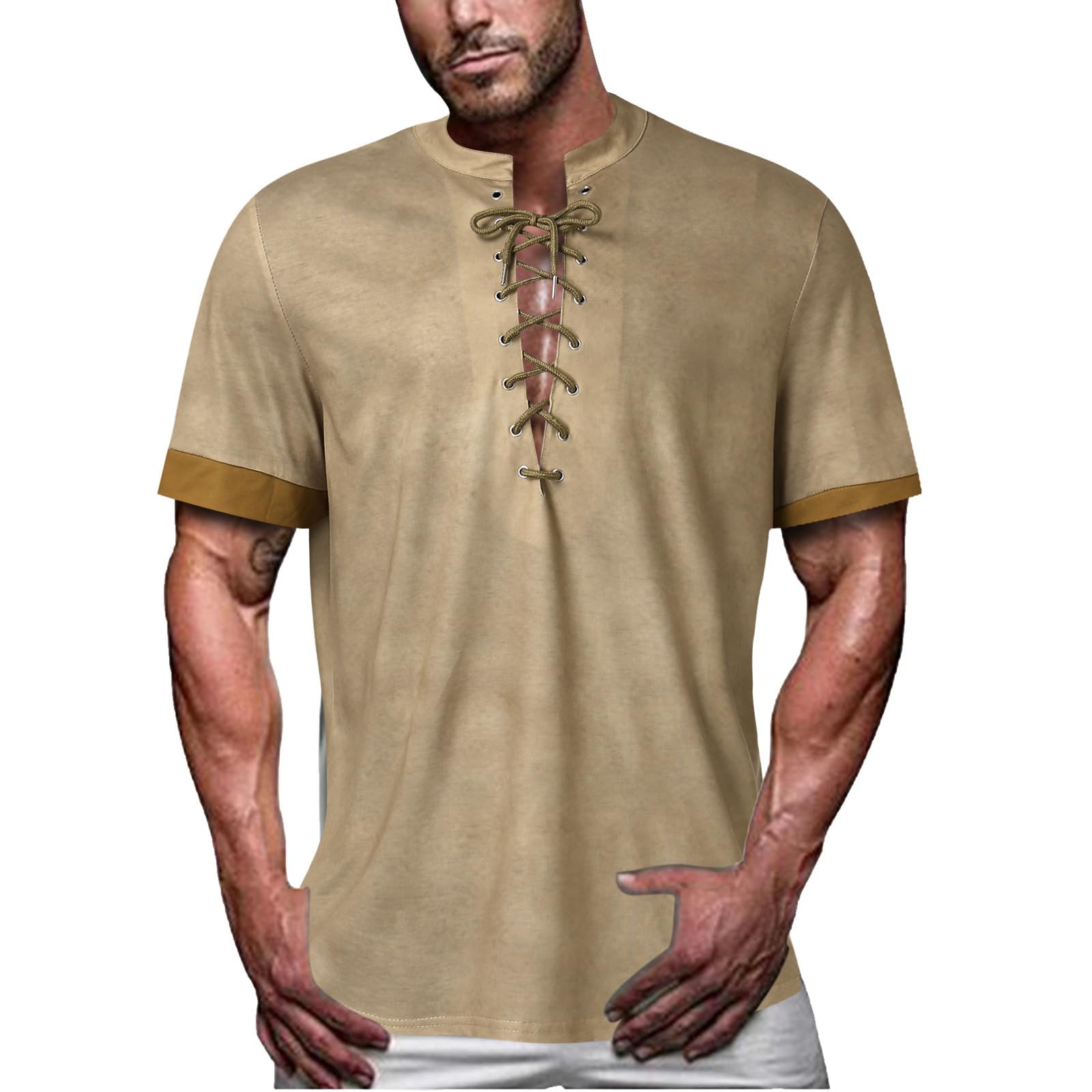 Vintage Short Sleeve Men's T-Shirt with Lace-Up Detail - Casual Cotton Tee for Everyday Wear, Street Style & Retro Outfits