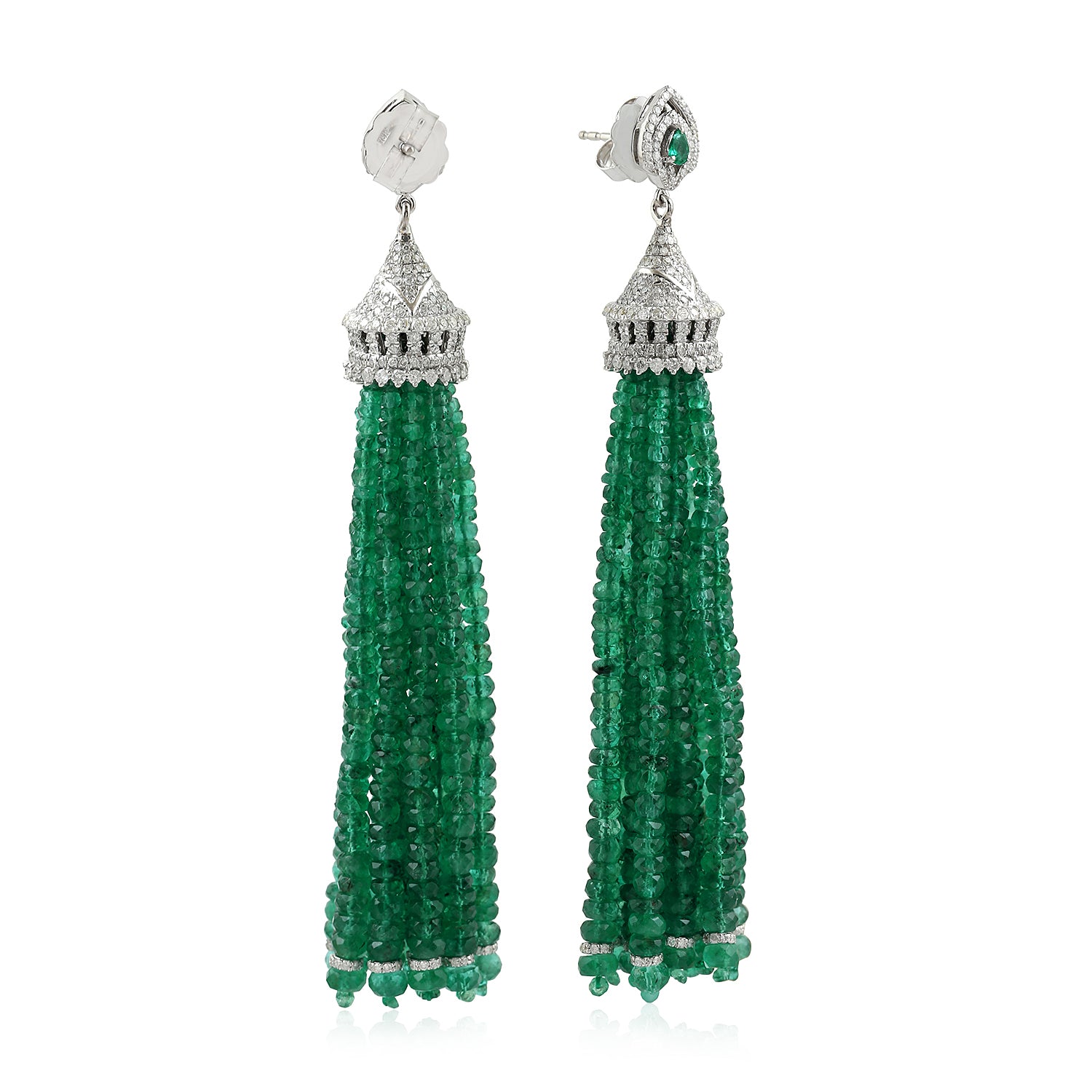 18K White Gold Emerald Beads Pave Diamond Tassel Earrings for Women - Elegant Dangle Drop Jewelry for Wedding, Party & Special Occasions