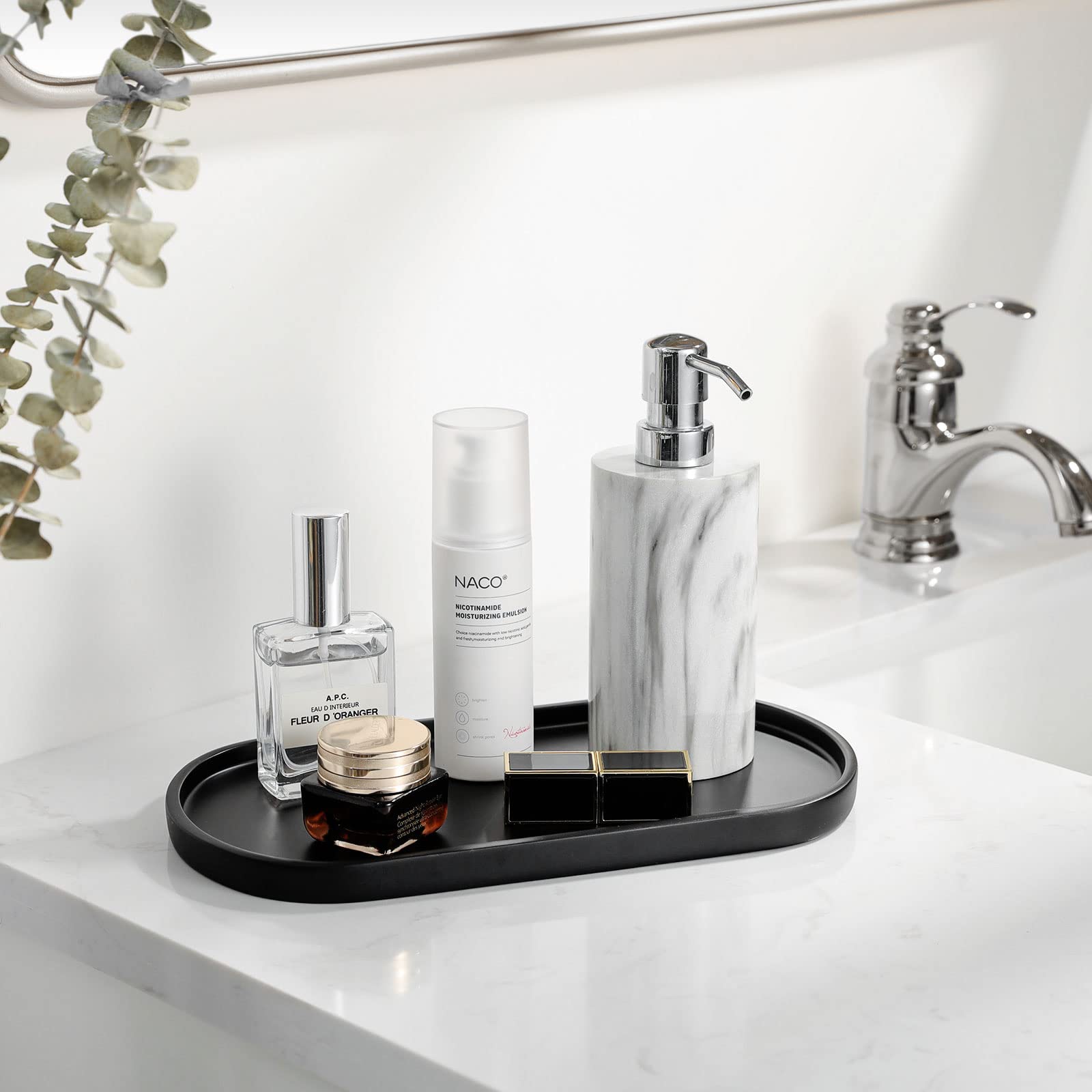 Luxspire Oval Bathroom Vanity Tray - Handmade Resin Soap Dispenser & Jewelry Organizer - Matte Black Marble Countertop Tray for Bathroom, Kitchen & Toilet Tank - Perfect for Perfume Display, Jewelry Storage & Home Decor