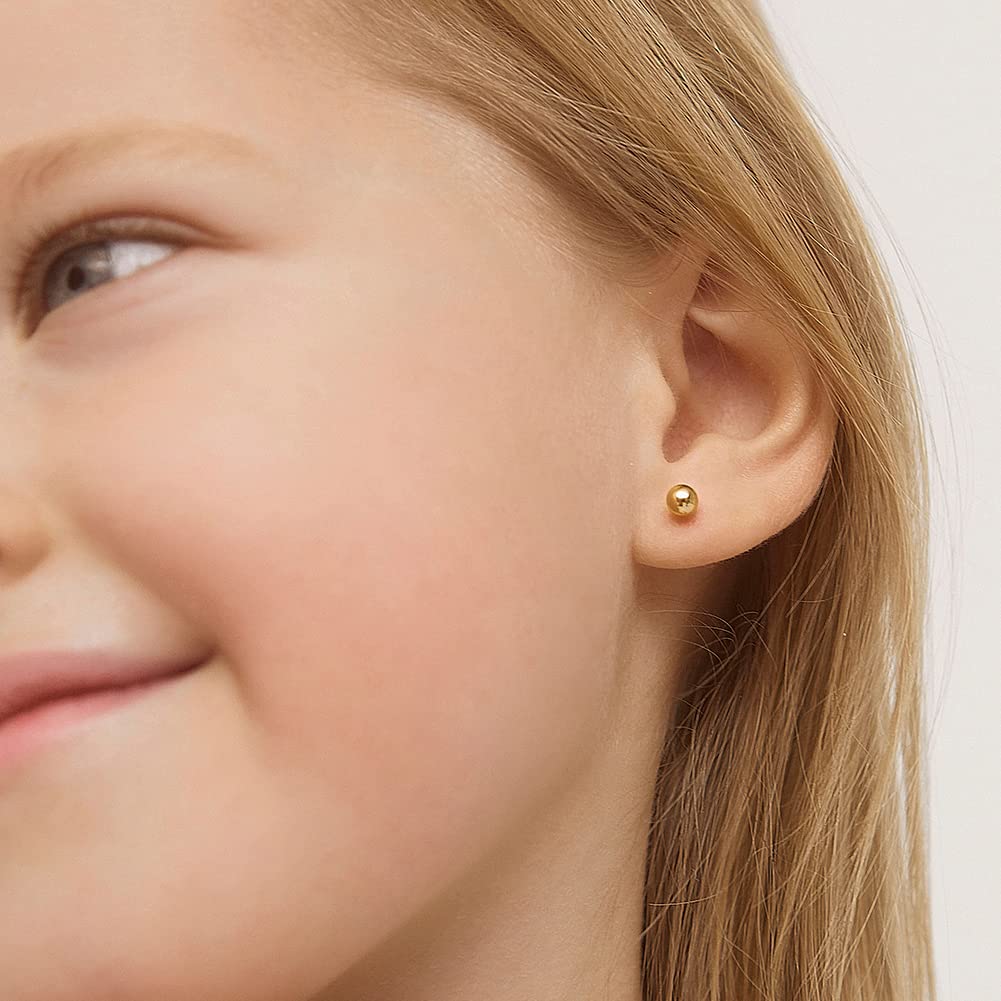 18k Yellow Gold Classic Ball Safety Screw Back Stud Earrings for Babies & Toddlers (3mm-5mm) – Hypoallergenic Baby Girl Earrings for First Piercing, Birthday Gifts & Special Occasions