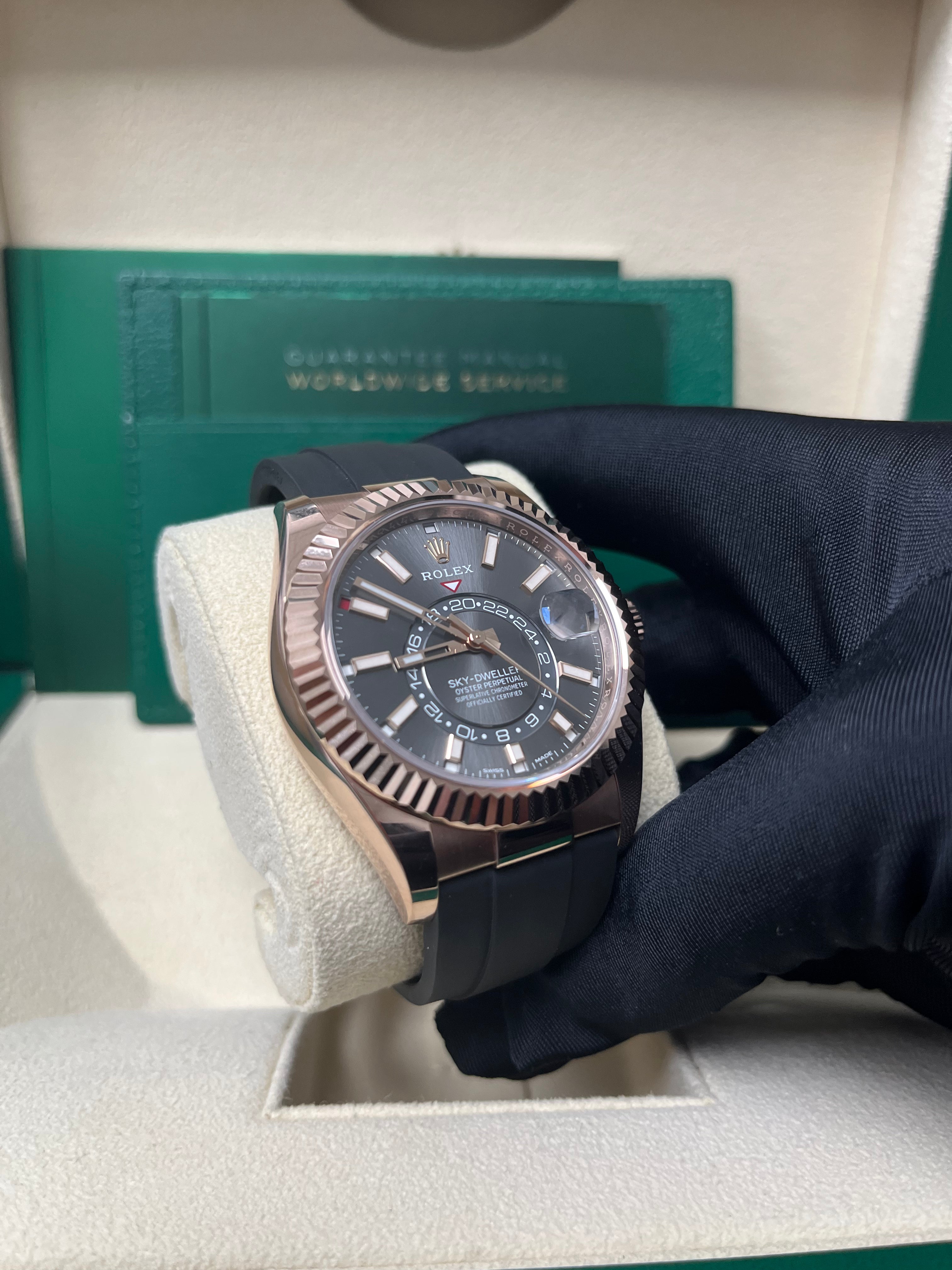 Rolex Sky-Dweller 42mm Rose Gold Watch with Dark Rhodium Dial & Oysterflex Bracelet (Ref. 326235) - Luxury Men's Timepiece for Business, Travel & Special Occasions