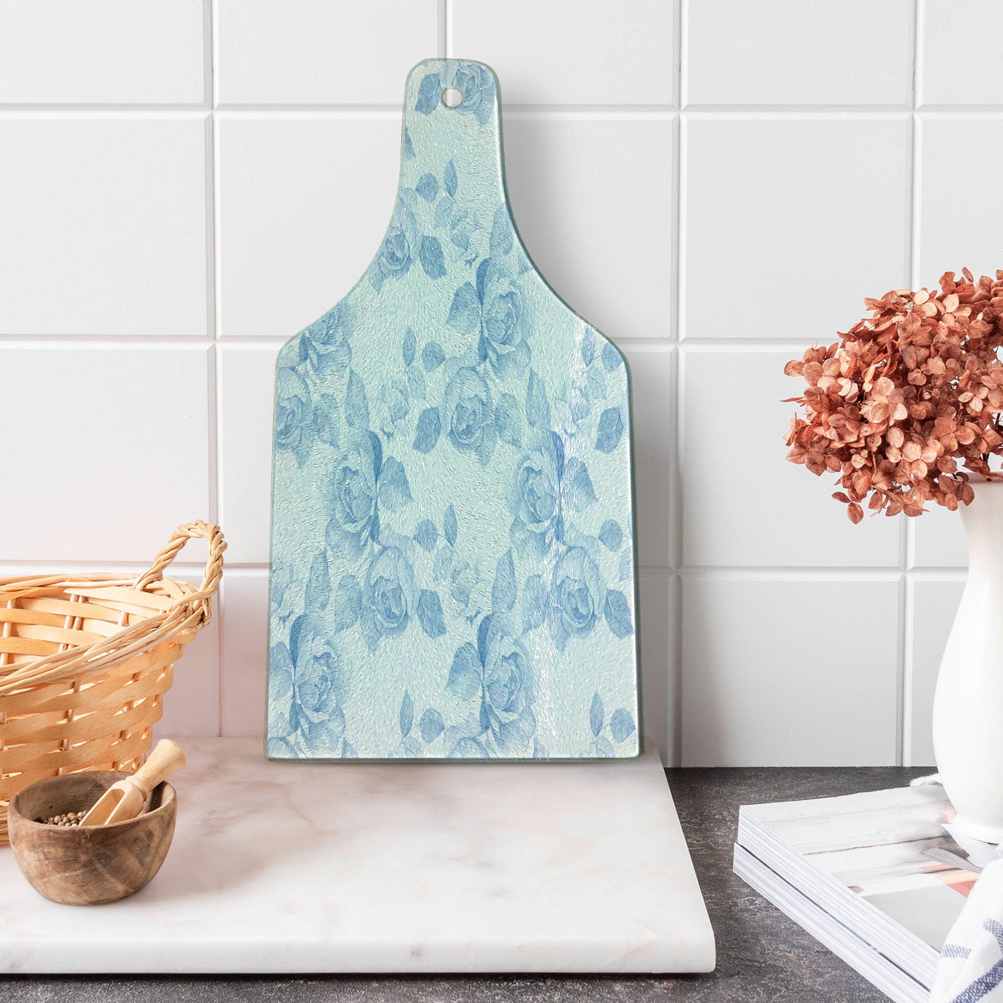 Ambesonne Rose Tempered Glass Cutting Board - Faded Floral Pastel Spring Design, Wine Bottle Shape, Decorative Serving Board for Kitchen & Dining | Perfect for Charcuterie, Cheese Display & Wine Pairing