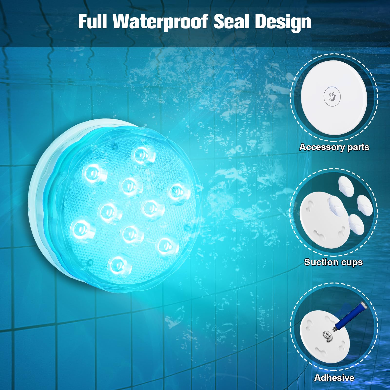 Rechargeable Submersible LED Lights with Remote Control - USB Color Changing Aquarium Lights with Magnetic Suction Cups - Waterproof Underwater Pool Lights for Inground Pools, Showers & Hot Tubs - Perfect for Aquariums, Ponds, Spas and Night Swimming (2 Pack)