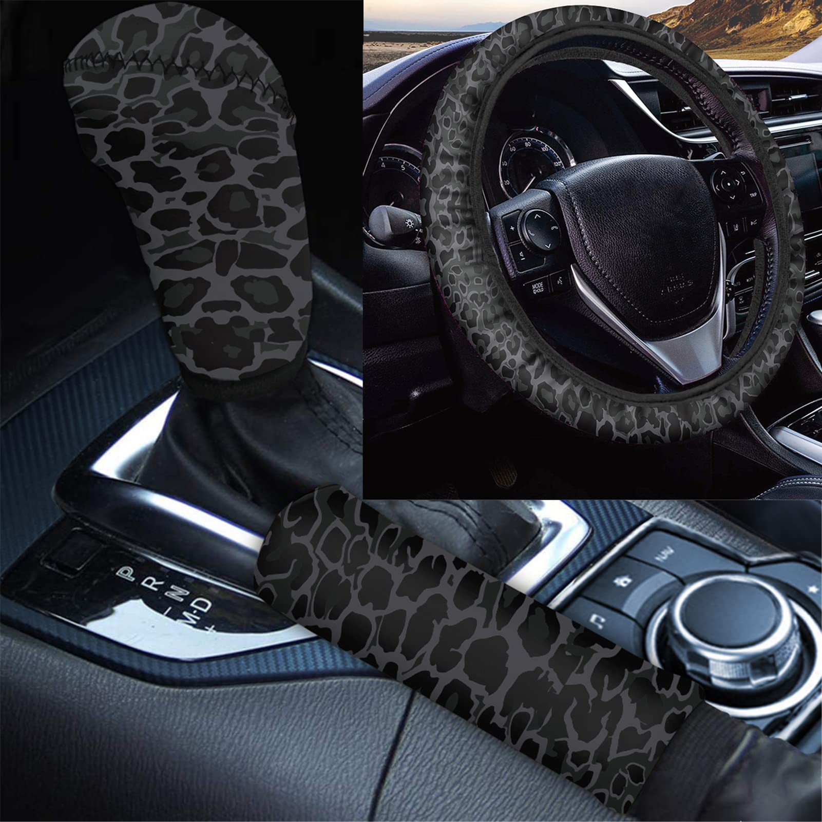 Wanyint Black Leopard Cheetah Print Steering Wheel Cover for Women & Men - All Weather SUV Car Accessories with Matching Handbrake & Gear Shift Covers | Perfect for Road Trips & Daily Commutes