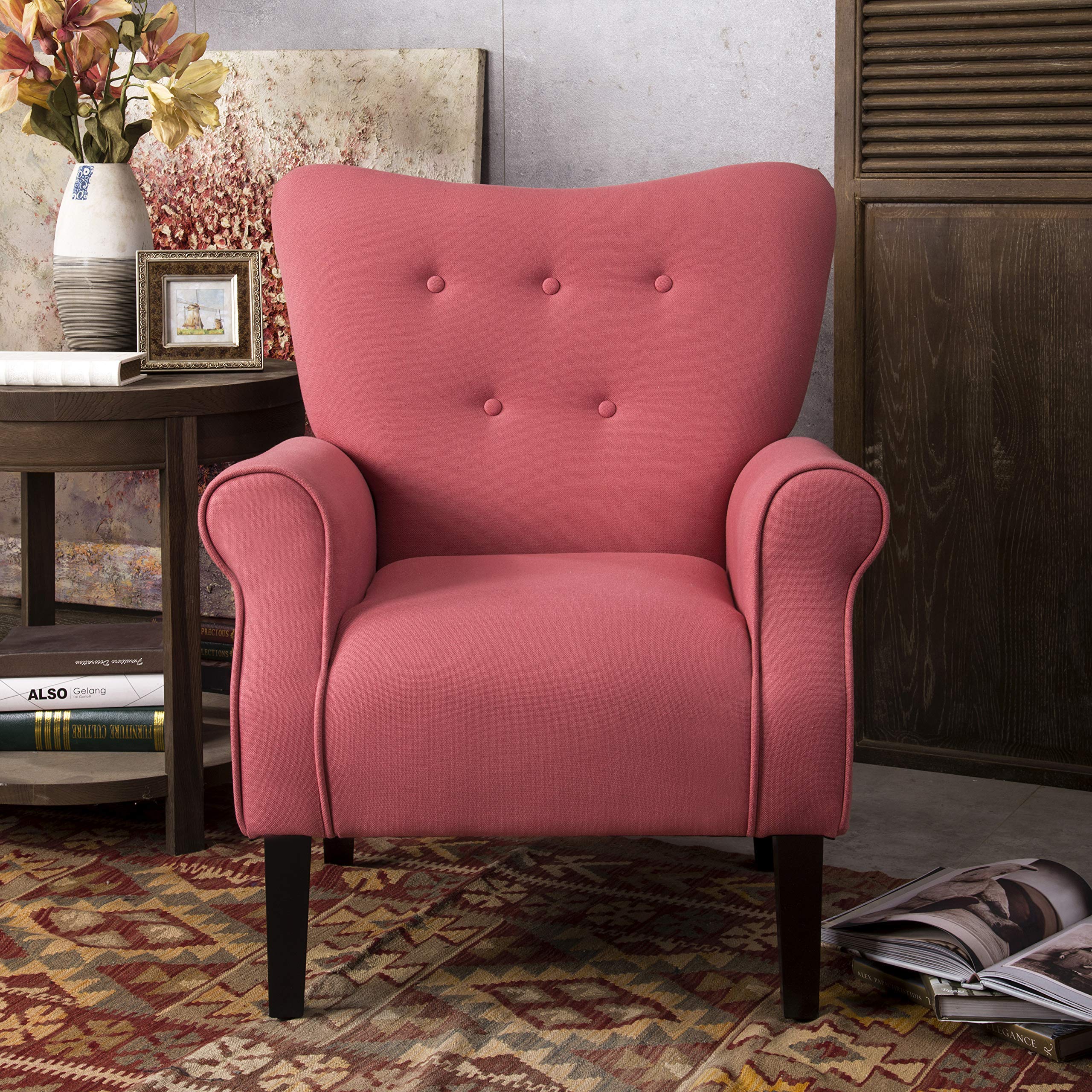 Mid Century Modern Cream Accent Chair - Tufted Upholstered Living Room Sofa Chair with Linen Fabric & Wooden Legs | Comfortable Lounge Chair for Living Room, Bedroom, Office or Reading Nook