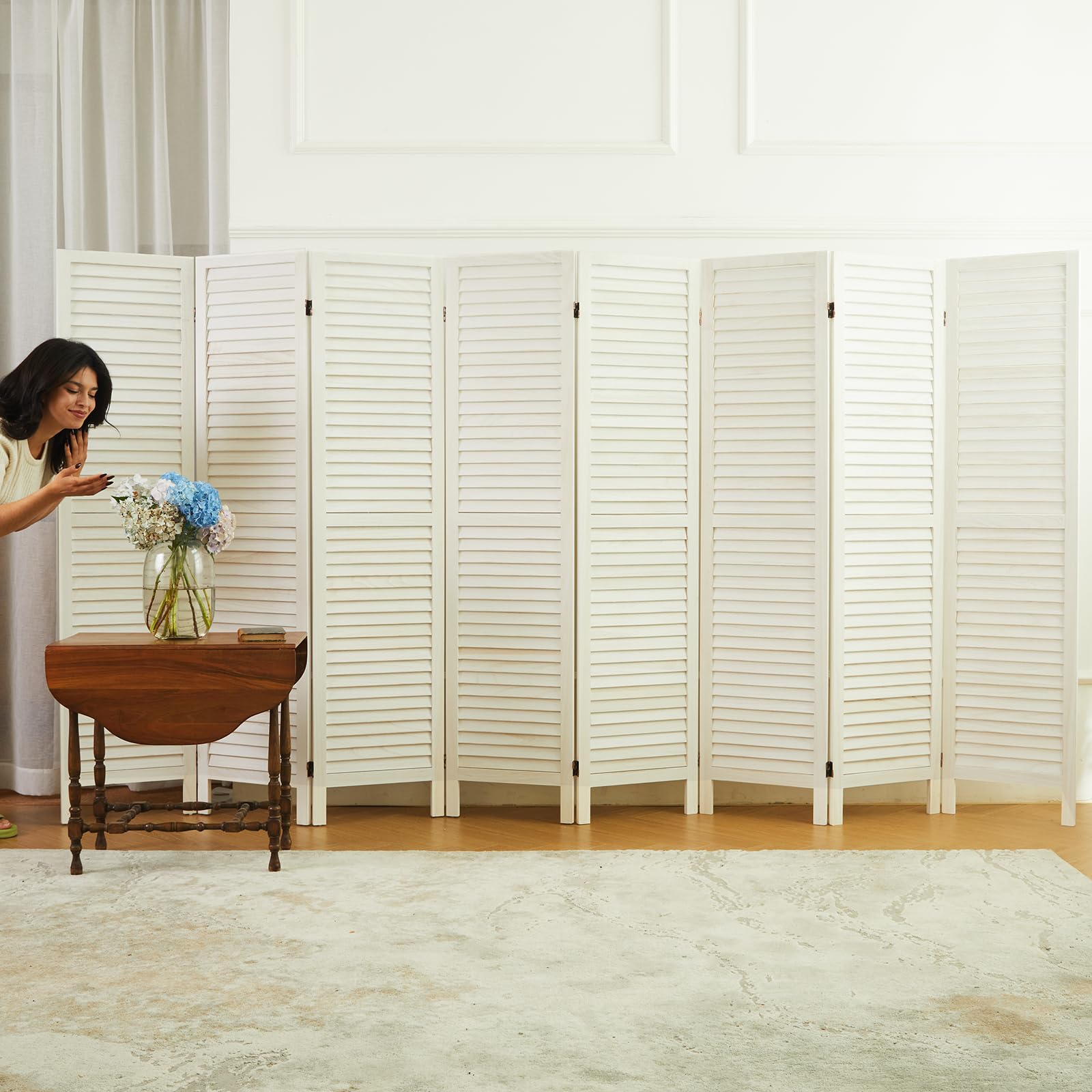 Wooden Room Dividers & Folding Privacy Screens - 8 Panel Louvered Partition Wall for Home Office, Bedroom, Studio - White Washed Finish for Modern Décor & Space Separation
