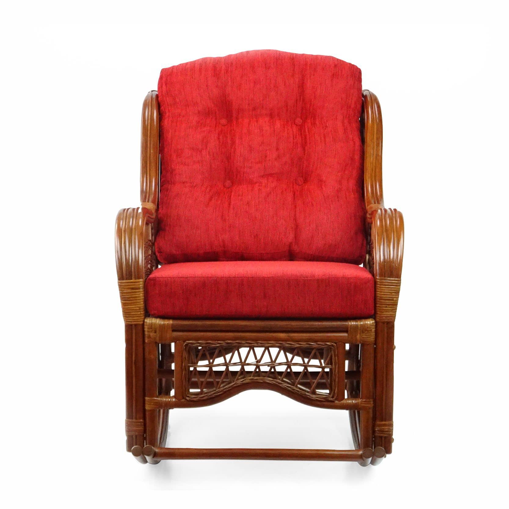 Malibu Rocking Handmade Lounge Chair - Eco-Friendly Natural Wicker Rattan with Red Cushion - Indoor Use Only - Perfect for Living Room, Sunroom or Patio Relaxation