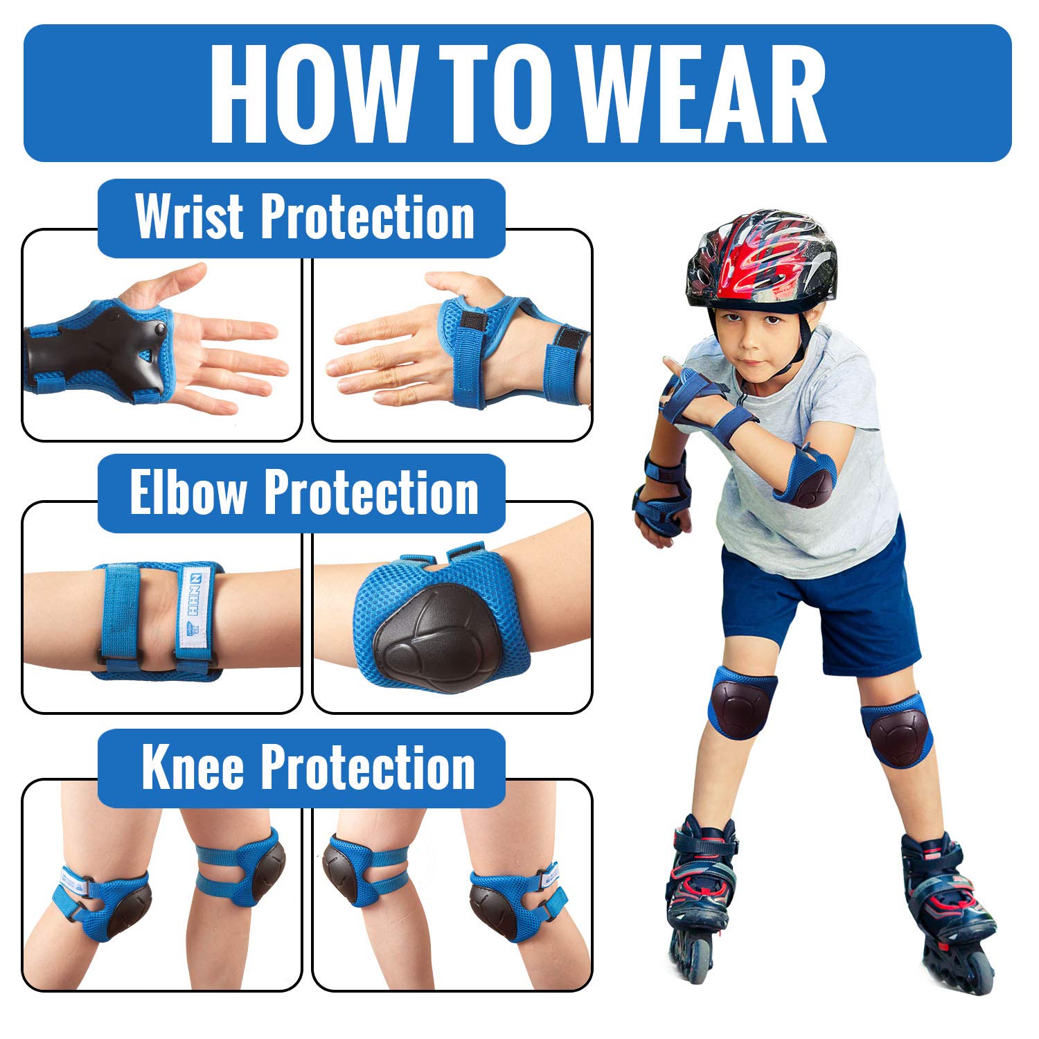 NHH Kids Knee Pads Set - 6 in 1 Protective Gear for Boys & Girls Ages 3-8 | Knee Pads, Elbow Pads & Wrist Guards | Small Size Classic Blue | Perfect for Skateboarding, Roller Skating & Outdoor Play