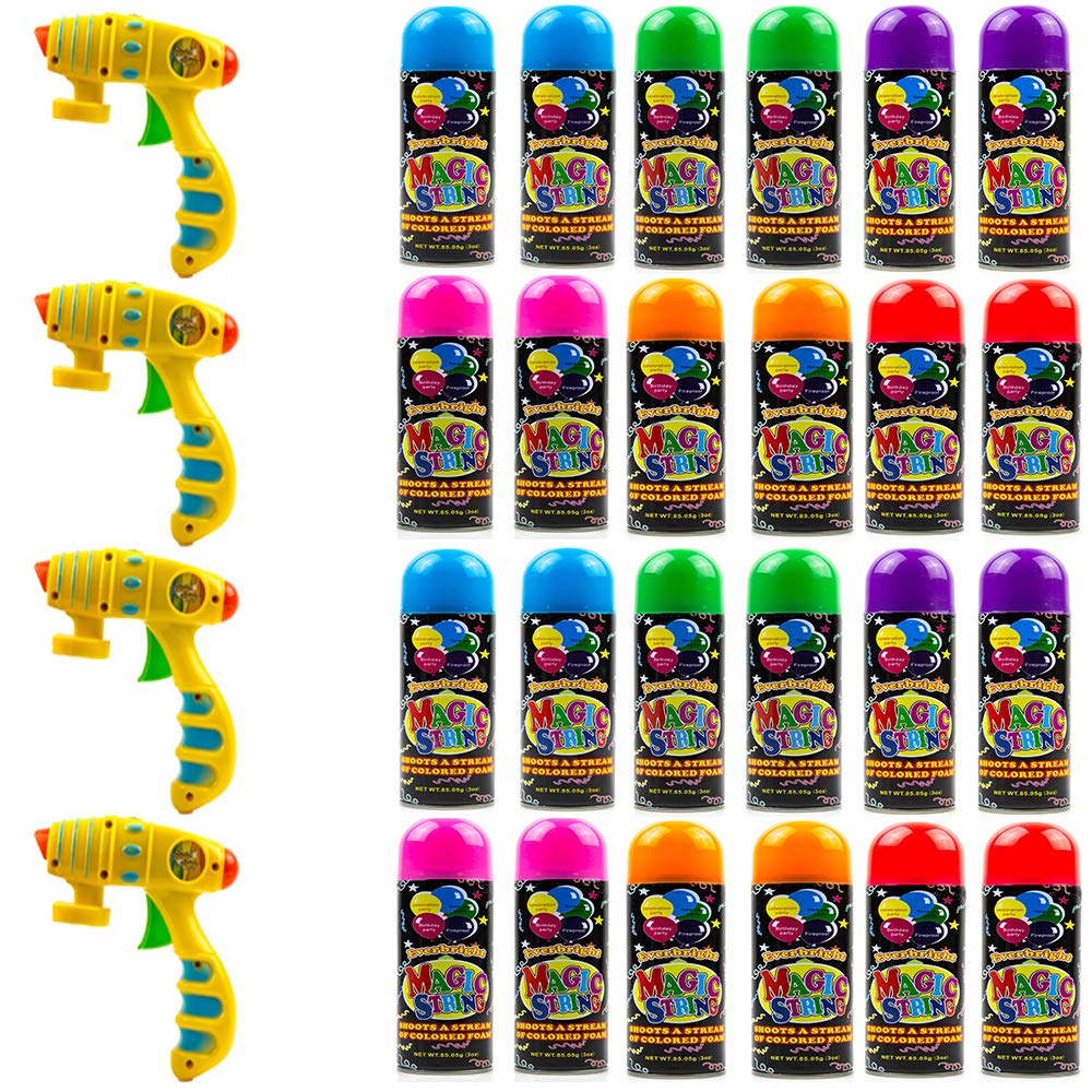 Toysery Party Streamer - 24 Pack of 3oz Spray String Cans with 4 Streamer Shooter Guns | Ultimate Kids Party Supplies for Birthdays, Halloween & Celebrations | Fun Crazy String for Festive Events & Outdoor Activities