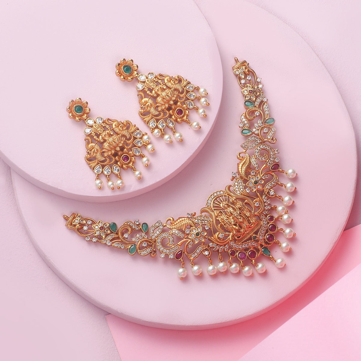 Antique Gold Plated Ram Parivar Idol Choker Necklace & Earrings Set - Hindu Religious Jewelry for Festivals, Weddings & Pooja Ceremonies