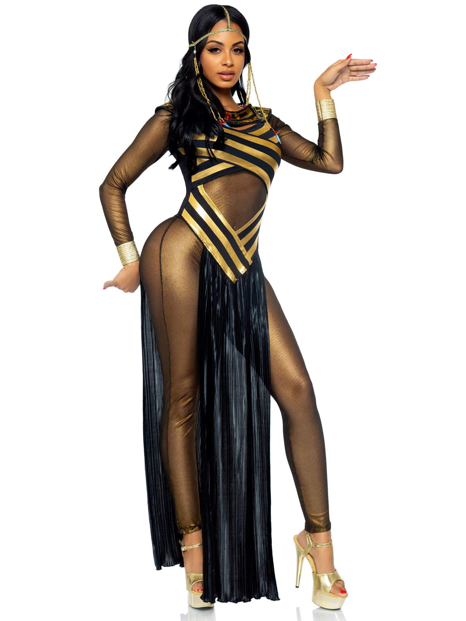 Leg Avenue Women's 3PC Nile Queen Costume - Catsuit Dress with Jeweled Collar & Headpiece - X-Large Size - Perfect for Halloween, Cosplay, and Themed Parties