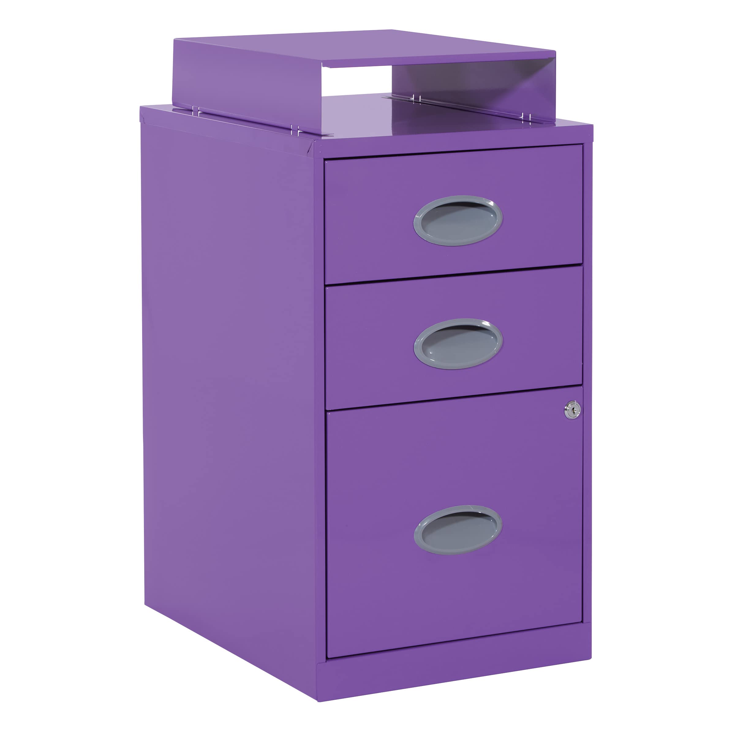 OSP Home Furnishings 3-Drawer Locking Metal File Cabinet with Top Shelf, Purple - Secure Document Storage for Office, Home & School Organization