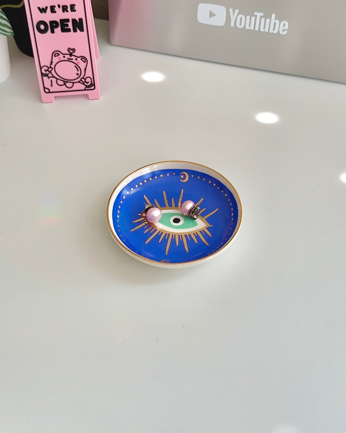 Hand Painted Evil Eye Trinket Dish - Ceramic Catchall Tray with Gold Accents for Jewelry, Keys & Coins | Boho Home Decor & Gift Idea