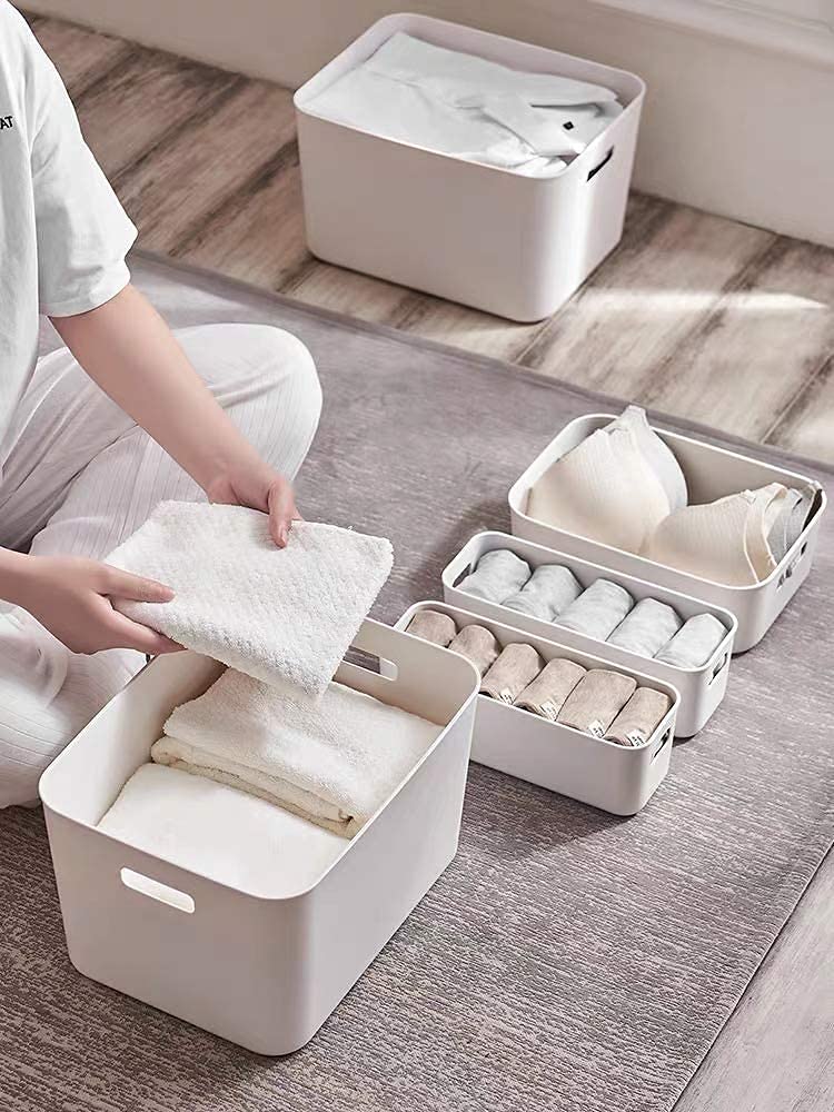 Plastic Storage Bins - 2 Pack Narrow White Storage Containers for Kitchen Pantry, Under Bed & Bathroom Organization | Space-Saving Home Storage Solution for Closet, Office & Laundry Room