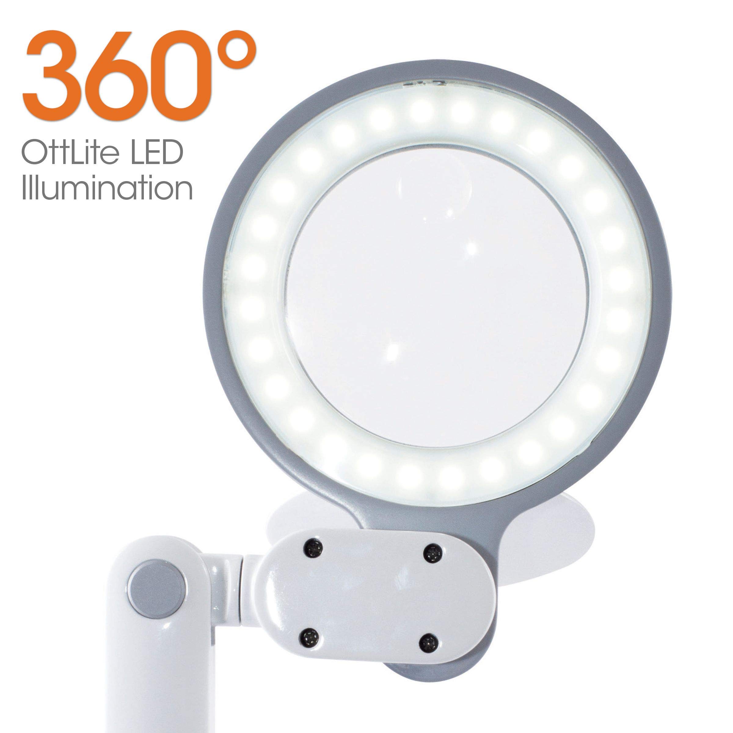 OttLite LED Magnifier Desk Lamp with Optical Grade Lens - Adjustable Arm & Pivoting Head for Crafts, Needlework, Reading & Repair - Space Saving Portable Design for Home, Office & Travel Use