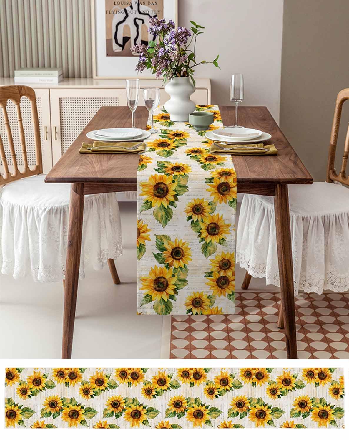 Sunflower Cotton Linen Table Runner - 18x72 Inch Rustic Farmhouse Kitchen Decor for Family Dinners, Banquets, Parties & Celebrations | Perfect for Dining Room, Wedding Decor and Seasonal Home Decoration