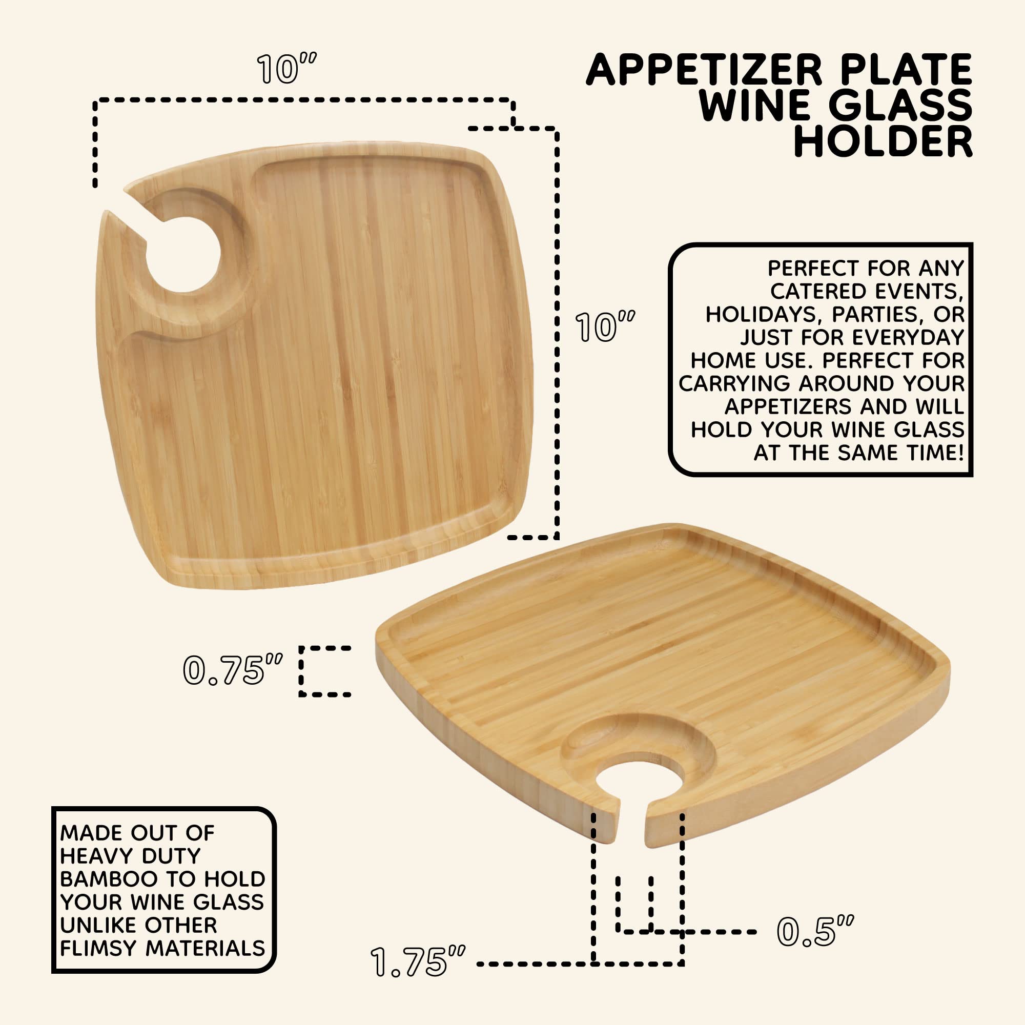 BambooMN 10x10 Inch Square Reusable Bamboo Plates & Wine Glass Holders - Eco-Friendly Dinnerware Set for Catering, Parties, Weddings & Home Use (30-Piece) - Perfect for Outdoor Picnics, BBQs & Sustainable Dining