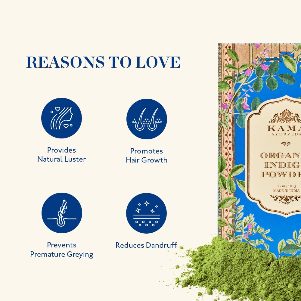 Organic Indigo Powder by Kama Ayurveda - 100g | Natural Hair Dye for Gray Coverage & Hair Growth | Perfect for DIY Hair Coloring at Home