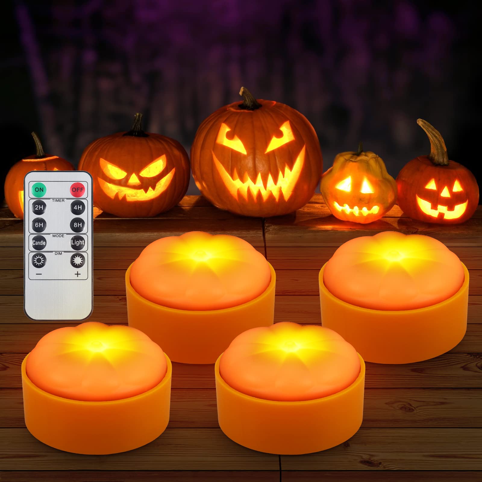 4 Pack Halloween Pumpkin Lights - Battery Operated Dimmable LED Jack-O-Lantern Lights with Remote Control, Flickering & Bright Flameless Electric Candles for Indoor/Outdoor Halloween Party Decorations, Pumpkin Patch, Porch, Yard, and Home Decor (Orange)