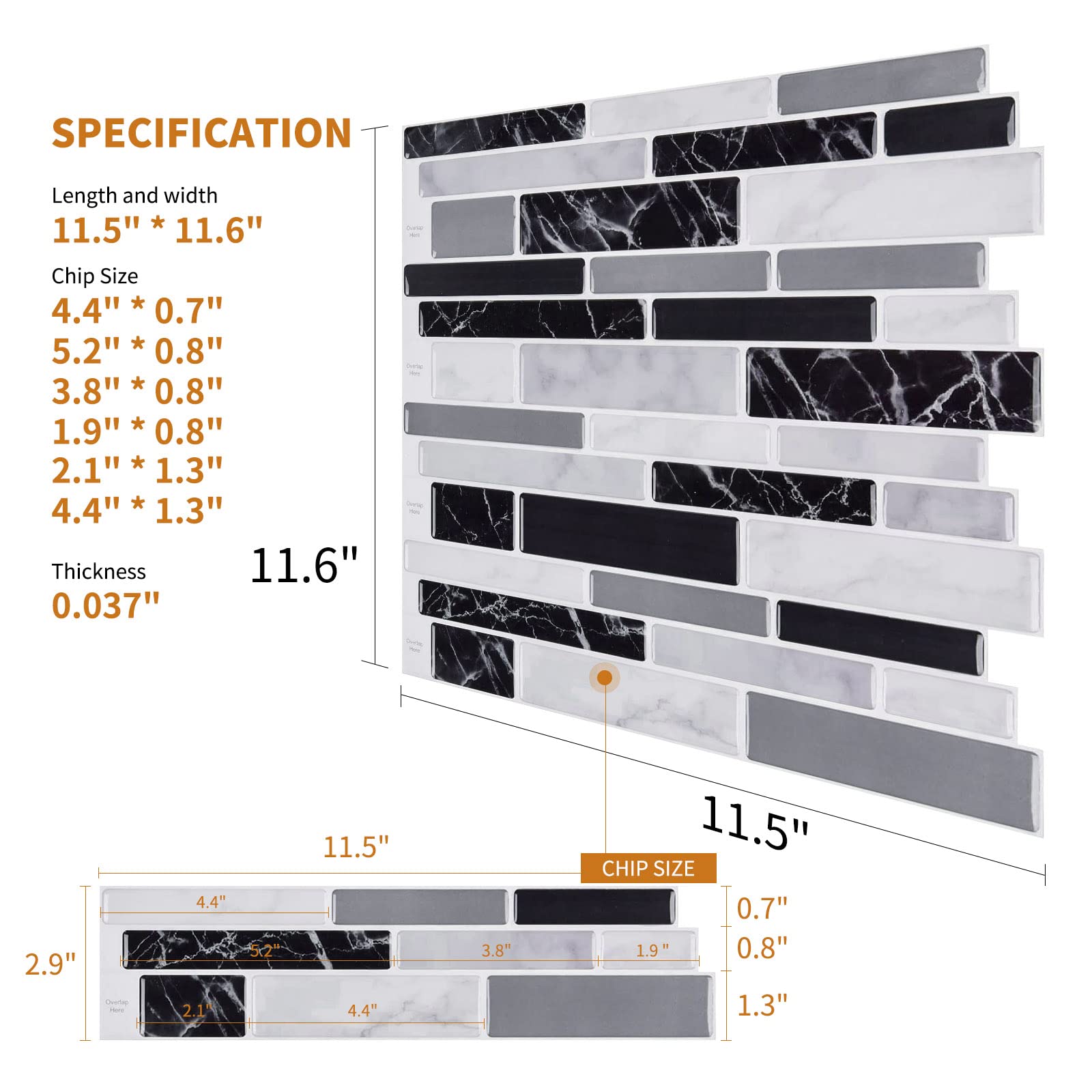 WOWSTAR 10-Sheet Peel and Stick Backsplash Tile - Black Marble, 12