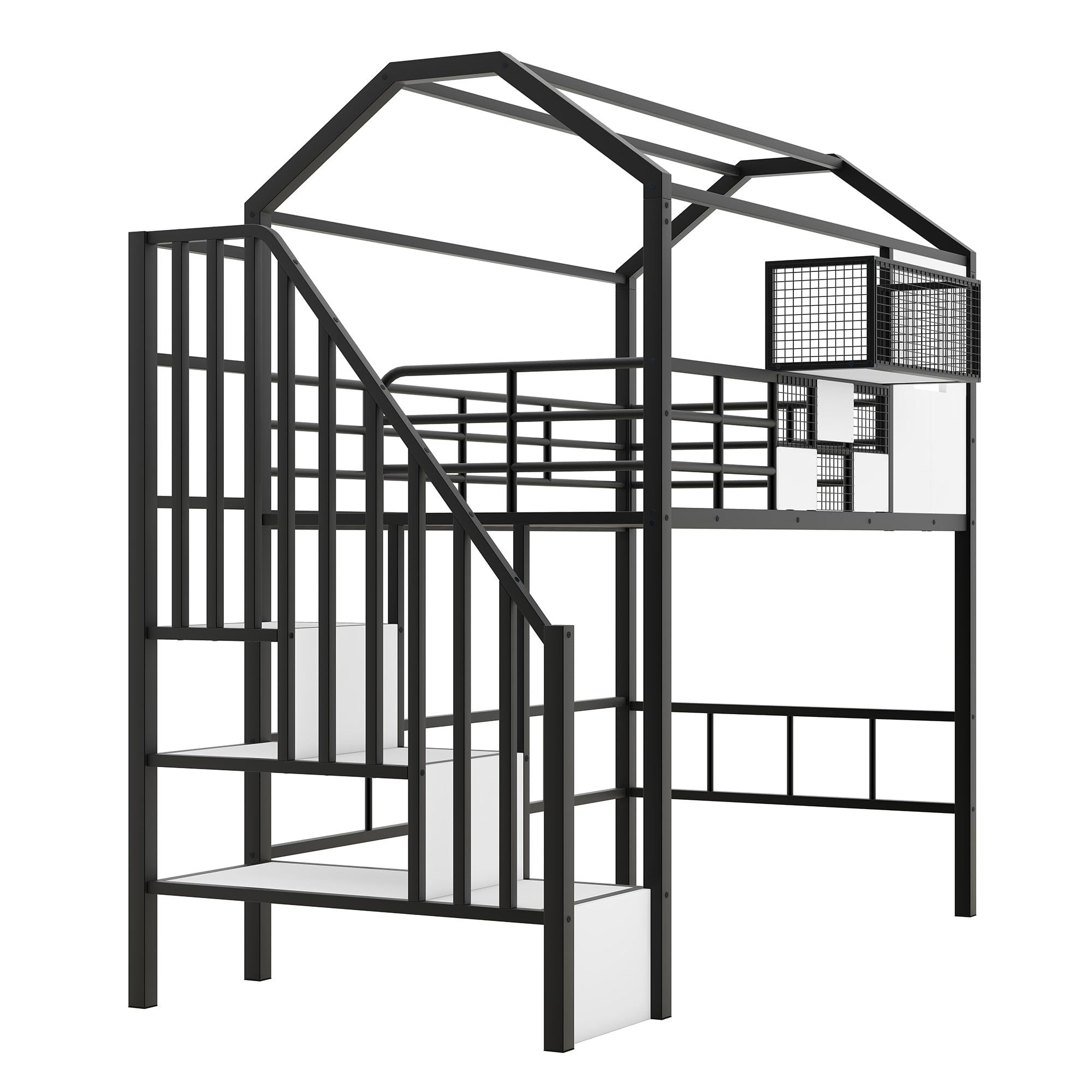 BOVZA Twin Size Metal Loft Bed with Stairs, Roof & Storage Box - Safe Kids Low Bunk Bed Frame with Guardrails for Boys & Teens - Black & White - Perfect for Small Bedrooms, Dorm Rooms & Kids' Play Areas