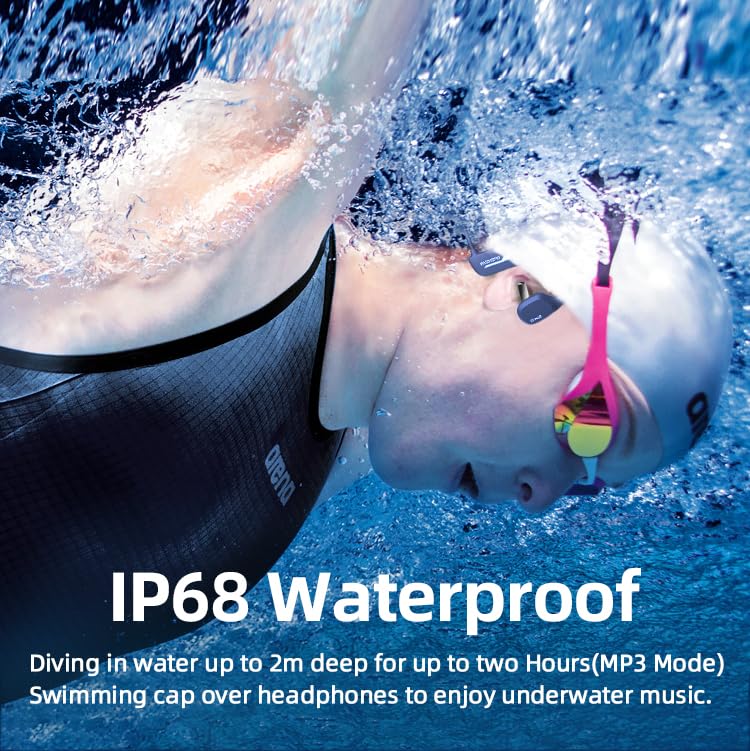 Flymory Bluetooth 5.2 Swimming Headphones - IP68 Waterproof Bone Conduction Headset with 8GB Storage, Open Ear Wireless Sports Earphones for Swimming, Workout, Hiking, Cycling (Blue) - Perfect for Pool Workouts, Outdoor Adventures & Fitness Training