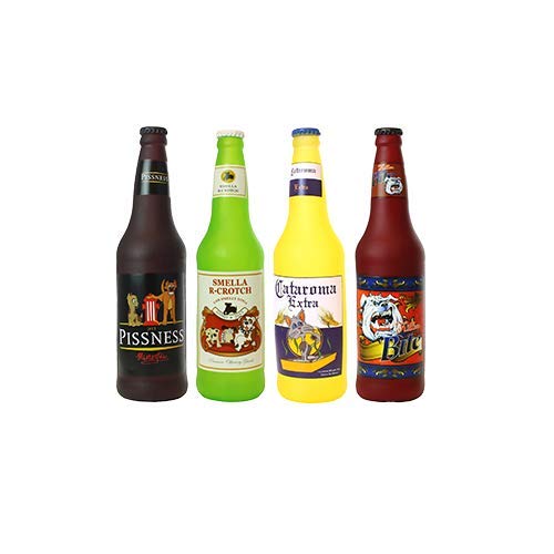 Durable Vinyl Beer Bottle Dog Toy - 100% Non-Toxic, Floating Chew Toy for Large & Small Dogs - 14 Fun Designs (5-Pack) - Perfect for Pool, Beach & Backyard Play