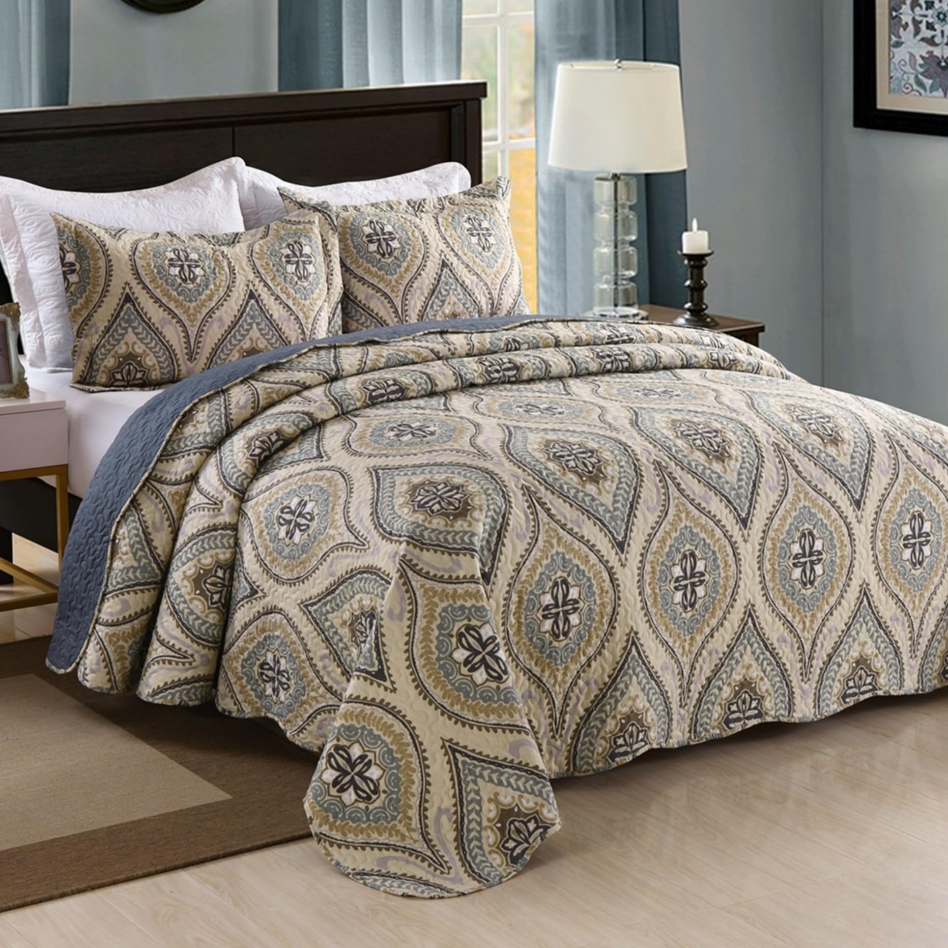 MarCielo 3-Piece Queen Size Quilted Bedspread Set - Lightweight Oversized Printed Quilt Coverlet & Throw Blanket in Dark Grey (Joni Design) | Perfect for Bedroom Decor, Guest Room, and Cozy Home Styling