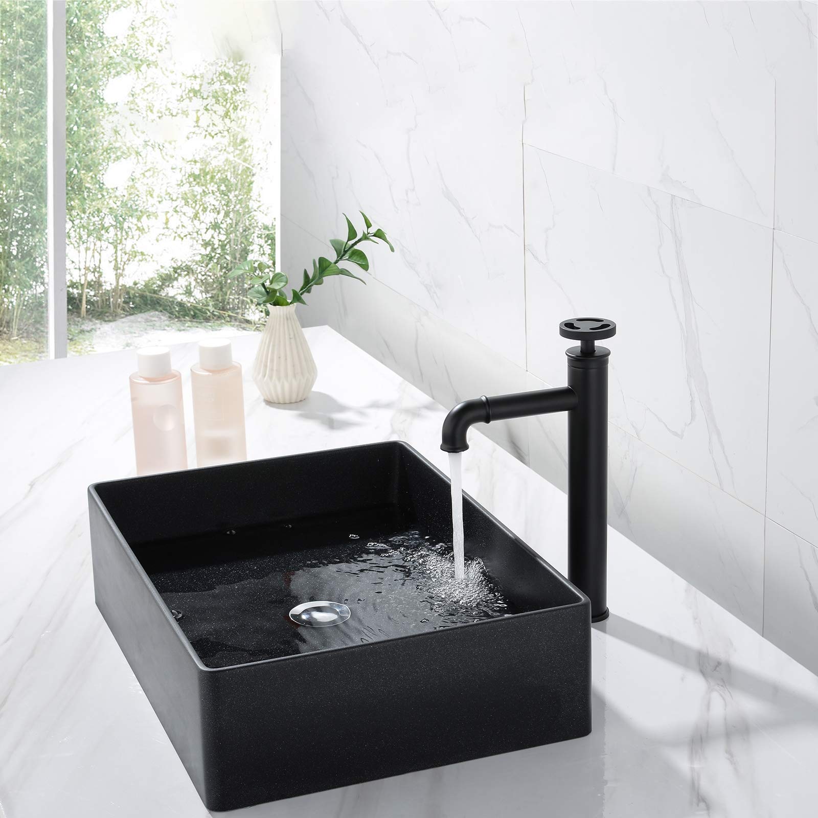 Brass Tall Bathroom Sink Faucet - Single Handle Single Hole Deck Mounted Basin Mixer Tap with Hot/Cold Water - Industrial Style Black Vanity Faucet for Modern & Farmhouse Bathrooms