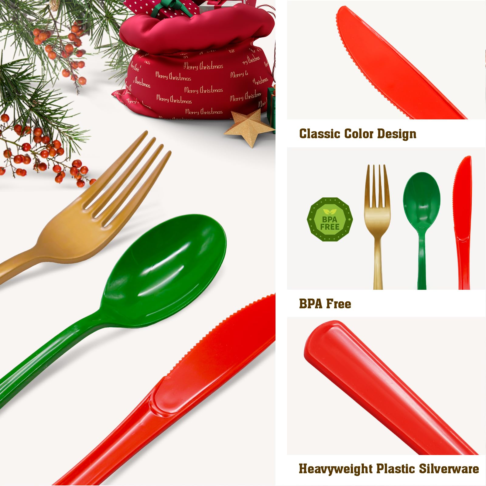 150-Piece Christmas Silverware Set - 50 Red Plastic Knives, 50 Green Spoons, 50 Gold Forks for Holiday Parties, Dinnerware & Table Decorations - Perfect for Christmas Celebrations, Family Gatherings & Festive Events
