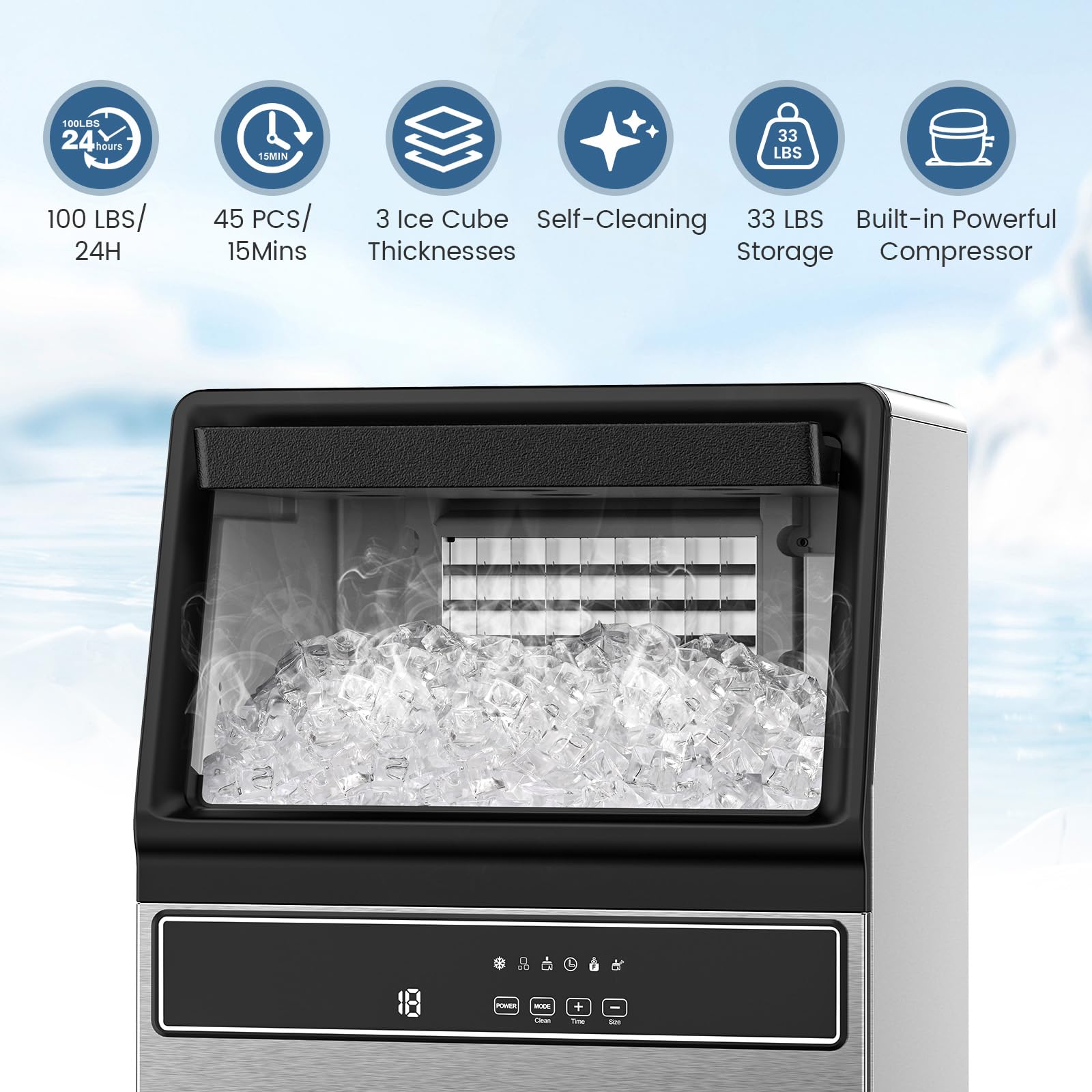 COWSAR 100 lbs/24H Commercial Ice Maker Machine - 45 Ice Cubes per Cycle, Self-Cleaning Stainless Steel Under Counter Ice Machine with 48-Hour Timer for Bars, Cafes, Restaurants & Home Use - Perfect for Cocktails, Beverages & Food Preservation