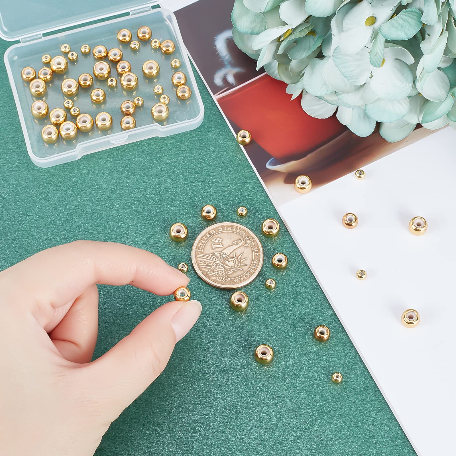 PH PandaHall 18K Gold Stopper Beads - 60pcs Silicone Slider Beads, Brass Rubber Beads, Adjustable Round Positioning Spacer Beads (4/6/7mm) for DIY Jewelry Making - Perfect for Bracelets, Necklaces & Handmade Accessories