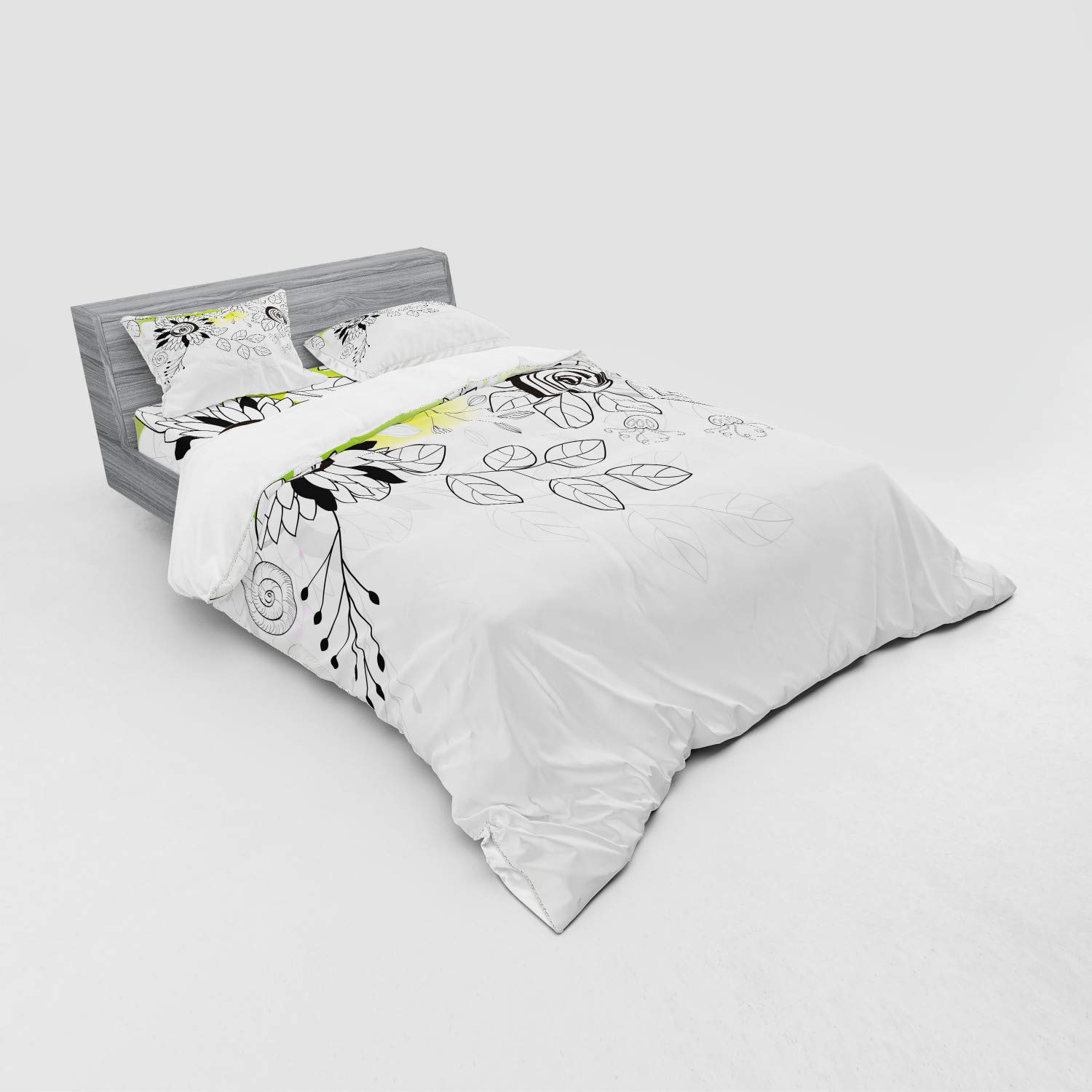 Ambesonne Floral Duvet Cover Set - Queen Size 4-Piece Bedding with 2 Pillow Shams & Fitted Sheet - Wildflower Garden Design with Snails, Leaves and Twigs - Black & Eggshell Green - Perfect for Spring Bedroom Decor, Guest Room Makeover or Nature-Themed Home Styling
