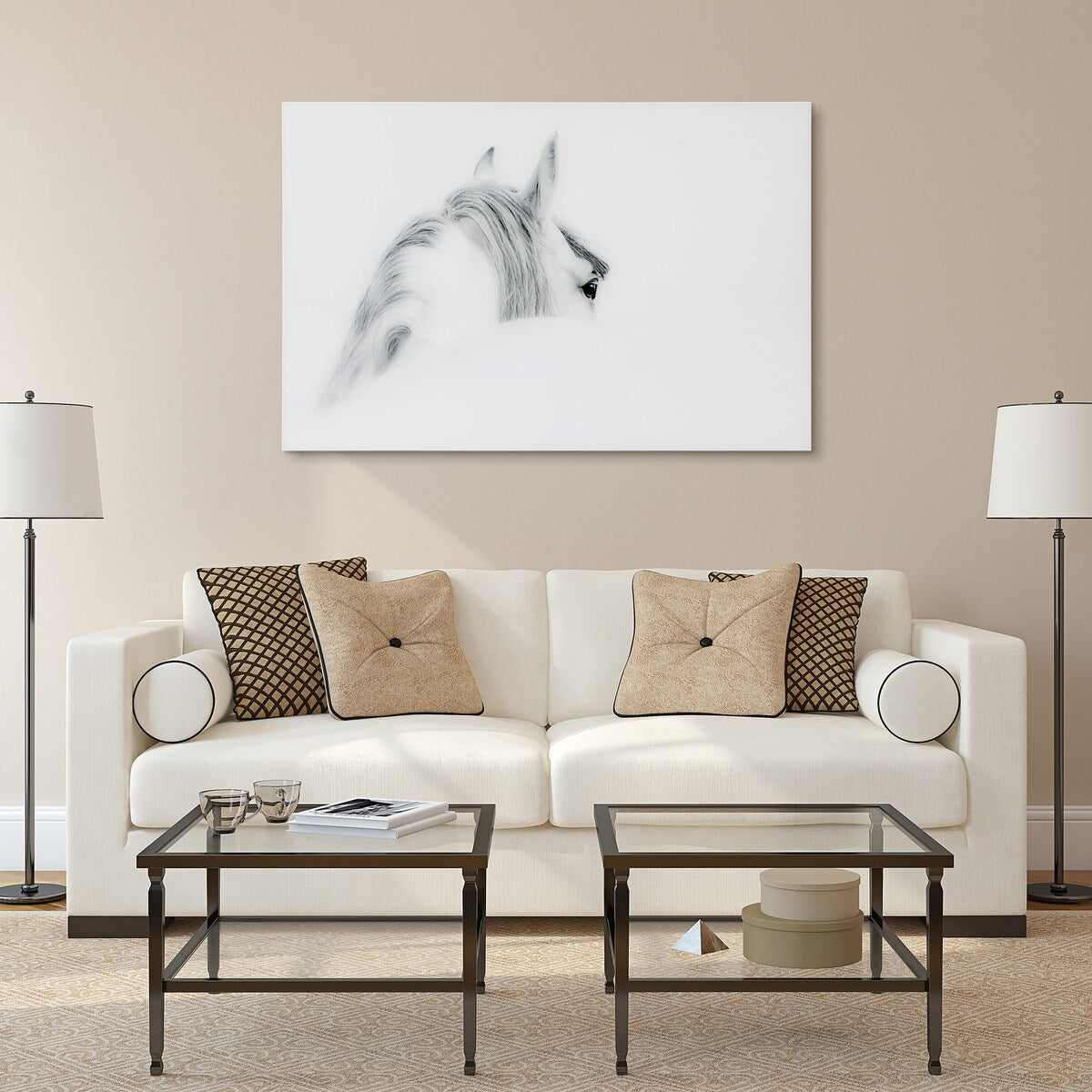 Blanco Mare Horse Frameless Floating Tempered Glass Wall Art - Modern Home & Office Decor for Living Room, Bedroom, Kitchen