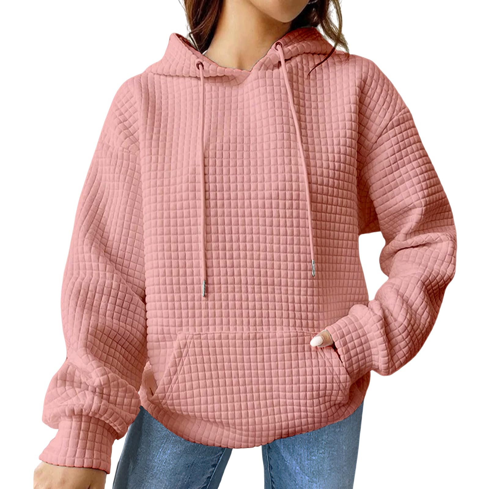 Women's Oversized Hoodie - Soft Waffle Knit Long Sleeve Pullover Sweatshirt with Kangaroo Pocket | Casual Loungewear, Streetwear Fashion (Pink)