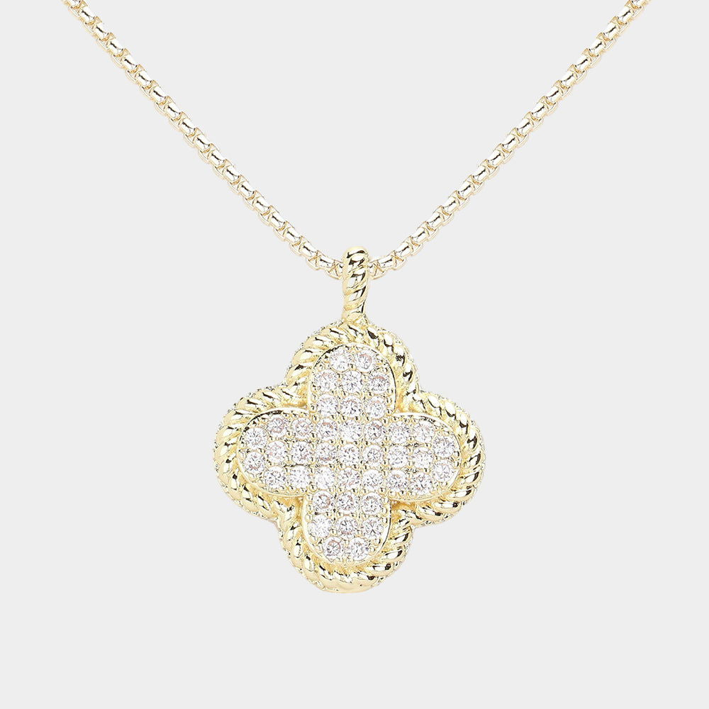 14K Gold Plated CZ Stone Quatrefoil Pendant Necklace for Women - Two Tone Elegant Jewelry Gift for Birthday, Anniversary & Special Occasions