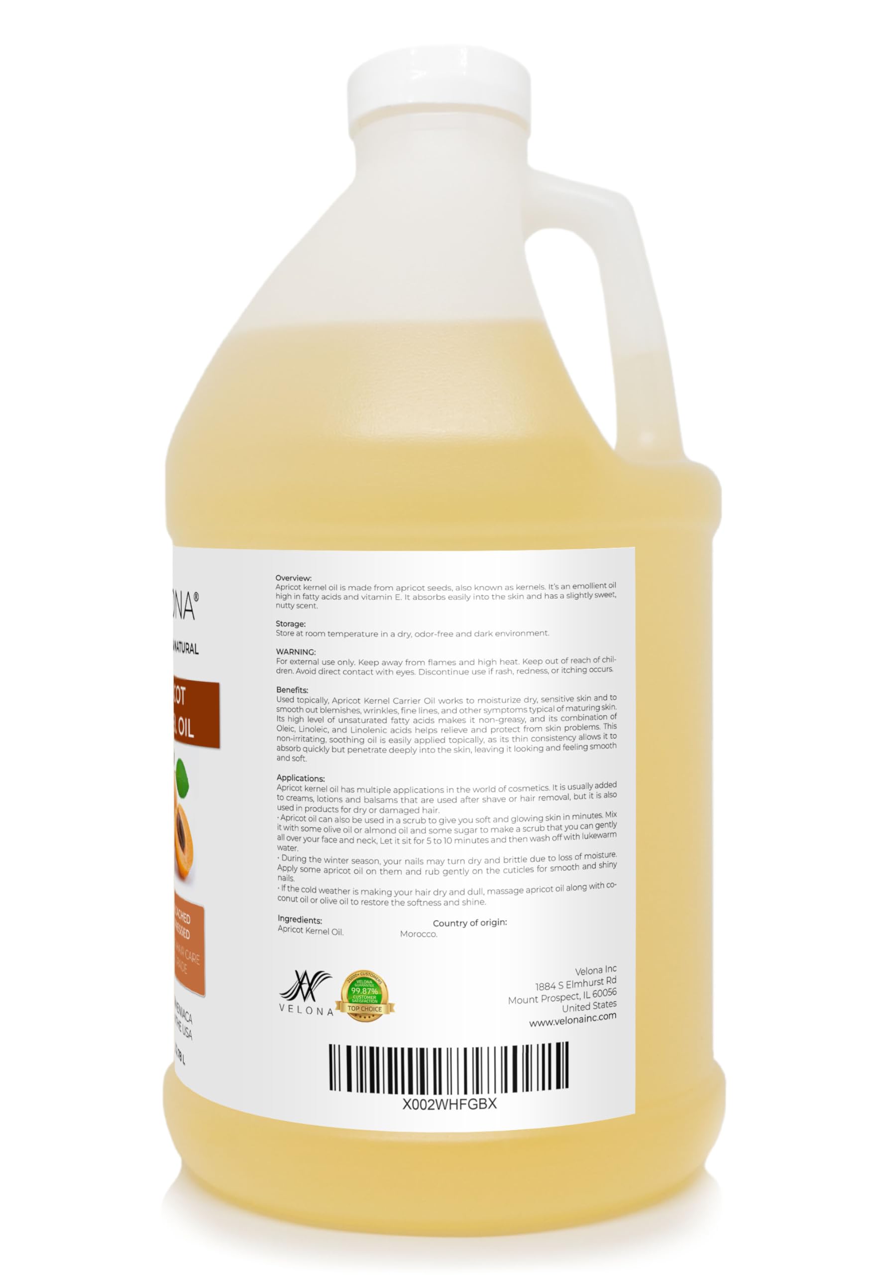 Velona 100% Pure & Natural Apricot Kernel Oil - 1 Gallon (128 Fl Oz) | Refined Cold-Pressed Carrier Oil for Hair, Skin & Body Care | Moisturizing & Nourishing | Perfect for Massage, Aromatherapy & DIY Beauty Recipes